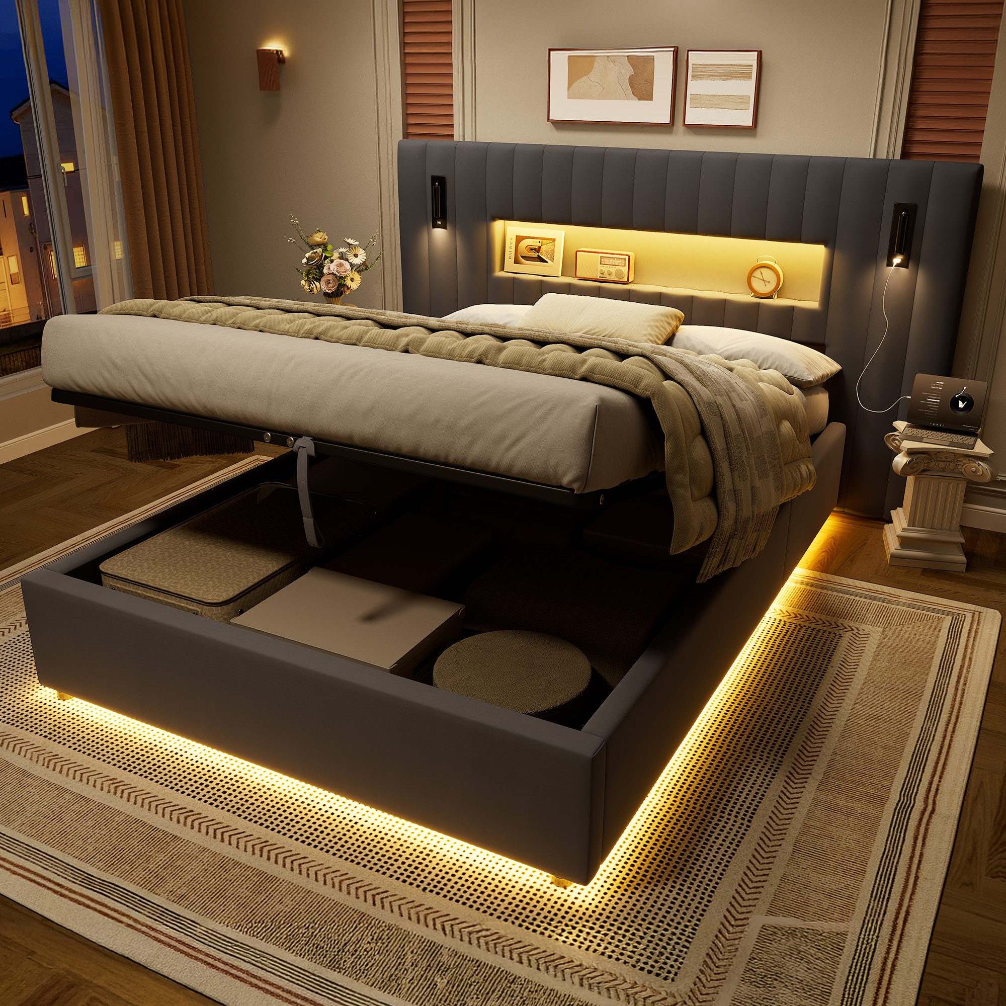 REDOM Polsterbett Schlafbett 140x200 cm Dunkelgrau mit Veloursbezug und LED (Packung, 1-tlg., Doppelbett ohne Matratze für Schlafzimmer mit moderner Optik), Bett mit hydraulischem Kasten und integrierter Ladefunktion