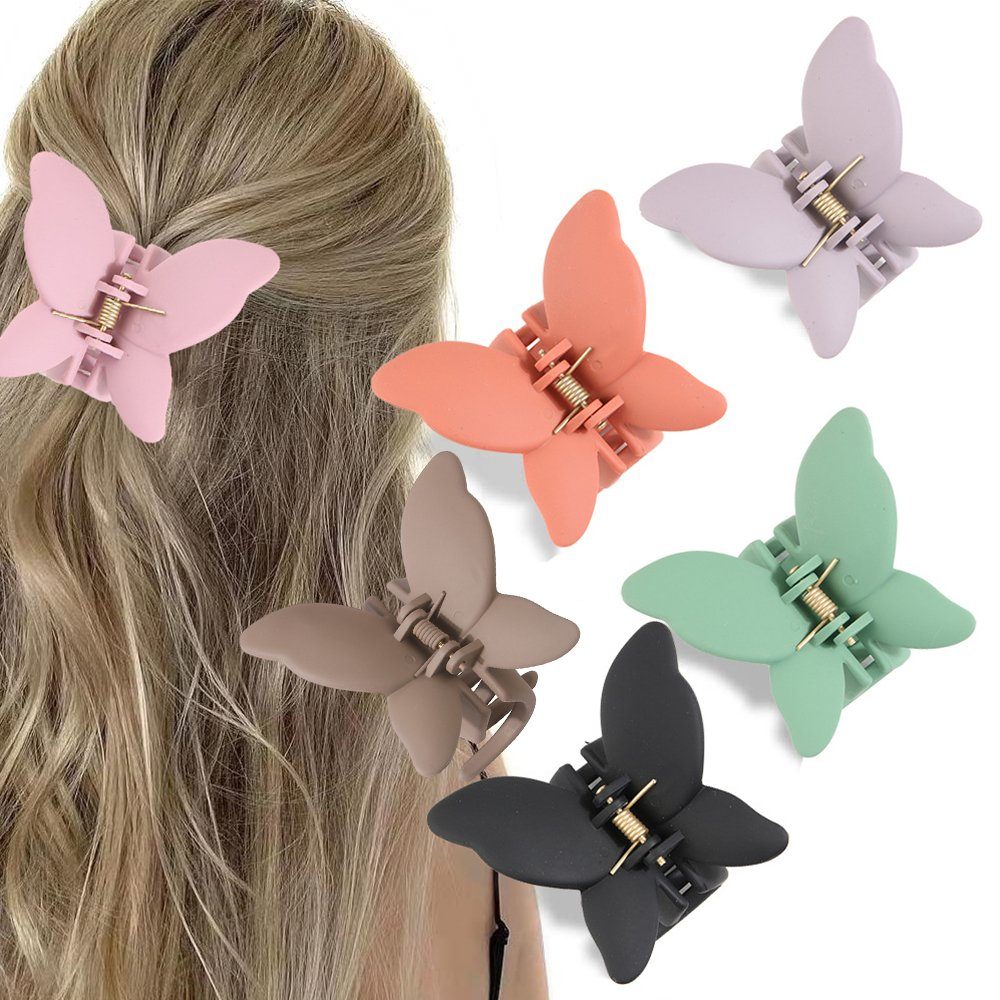 NUODWELL Haarspange 6 Stück Haarspangen Schmetterling Damen,matte Rutschfeste Haarklammern rosa + orange + schwarz + grasgrün + lila + hellbraun