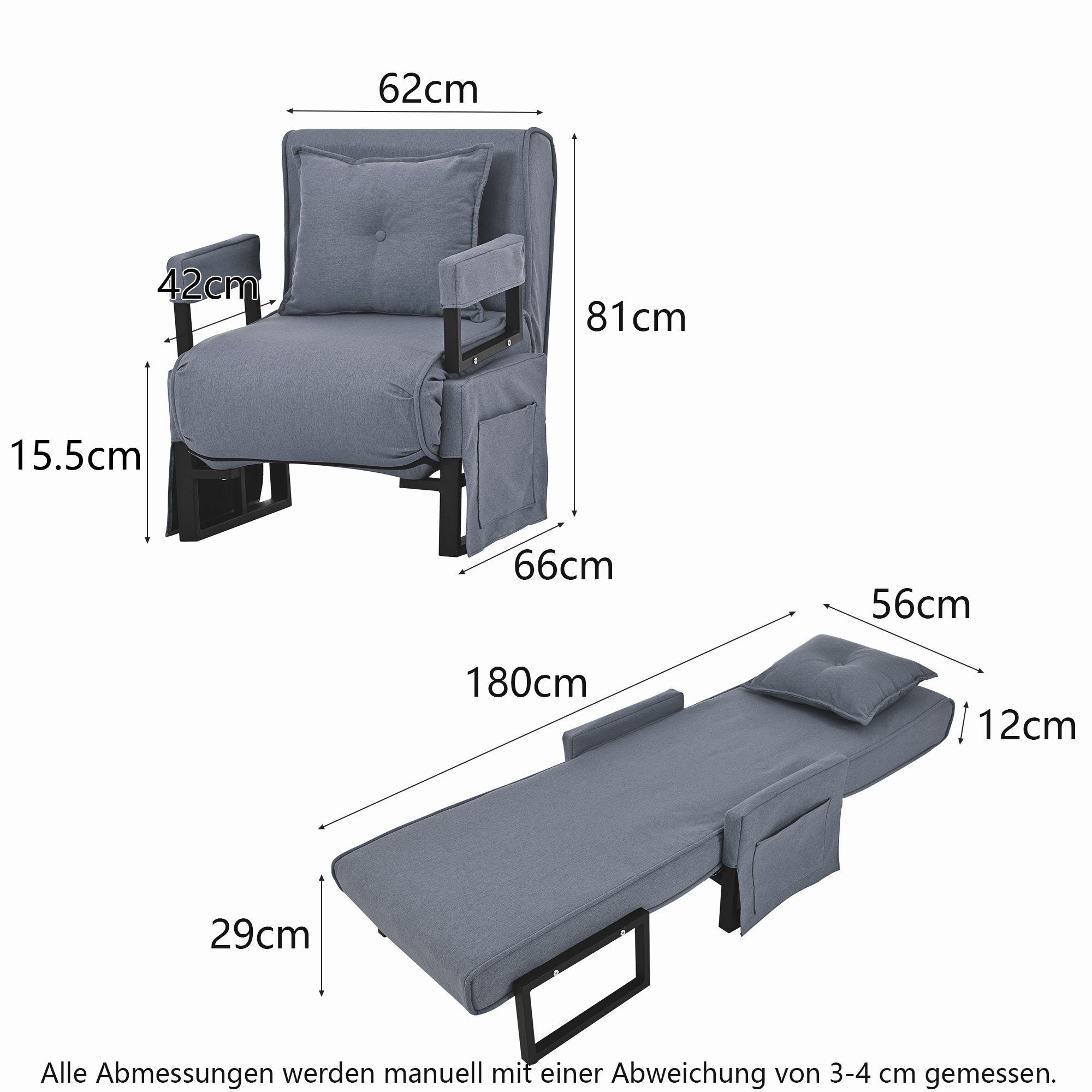 Sessel lang), Kissen, mit Liegestuhl (1-St., klappbarer Schlafsessel Sofasessel 180CM 3-in-1-Indoor-Liegen, zwei Seitentaschen Mit BlingBin