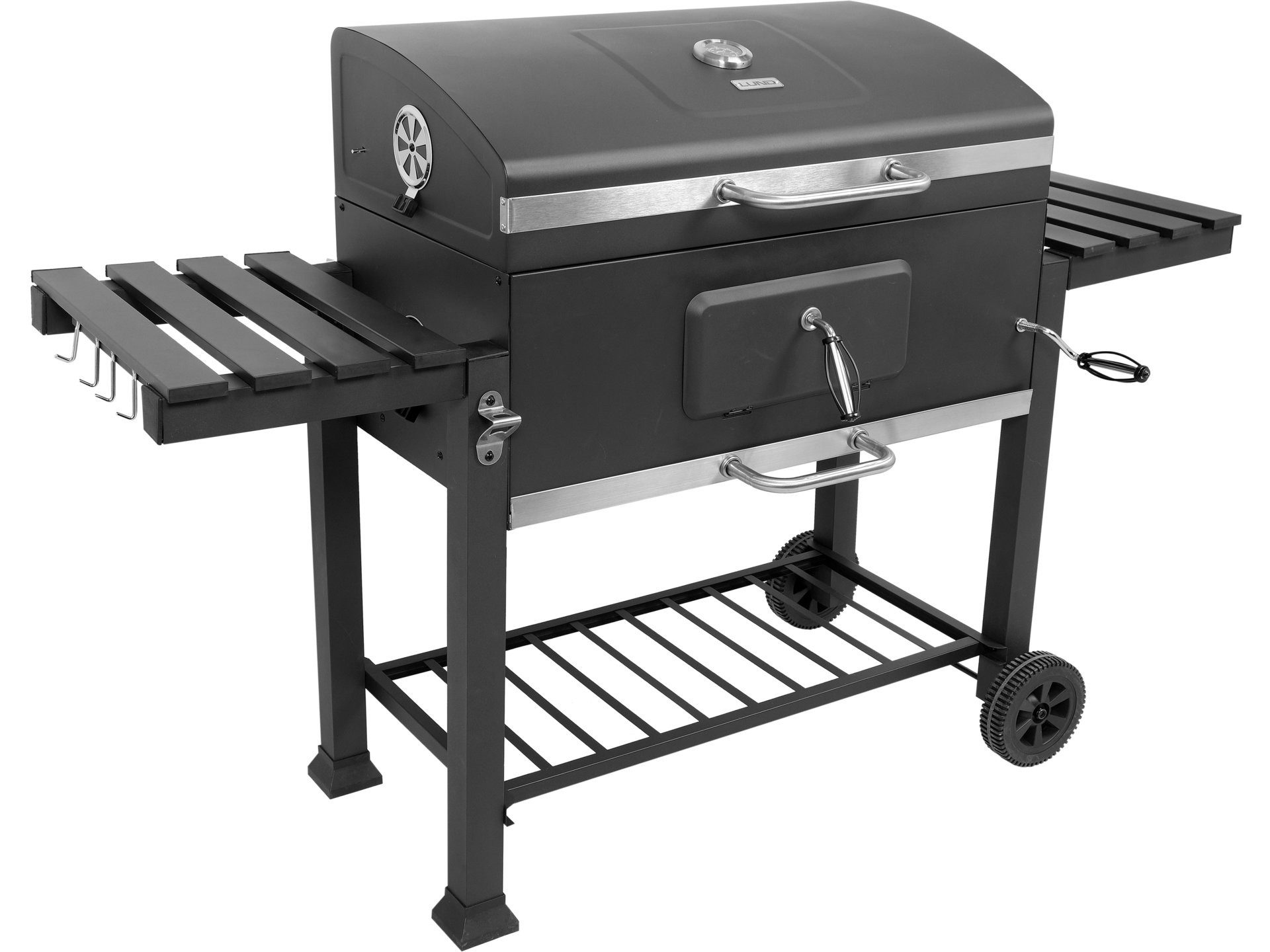 Lund Holzkohlegrill Griglia a carbone 78x42,5 cm con coperchio e ripiano, in ghisa, XXL Holzkohlegrill mit Gusseisenrost und Höhenverstellung 78x42.5 cm, XXL Holzkohlegrill mit Gusseisenrost und Höhenverstellung 78x42.5 cm