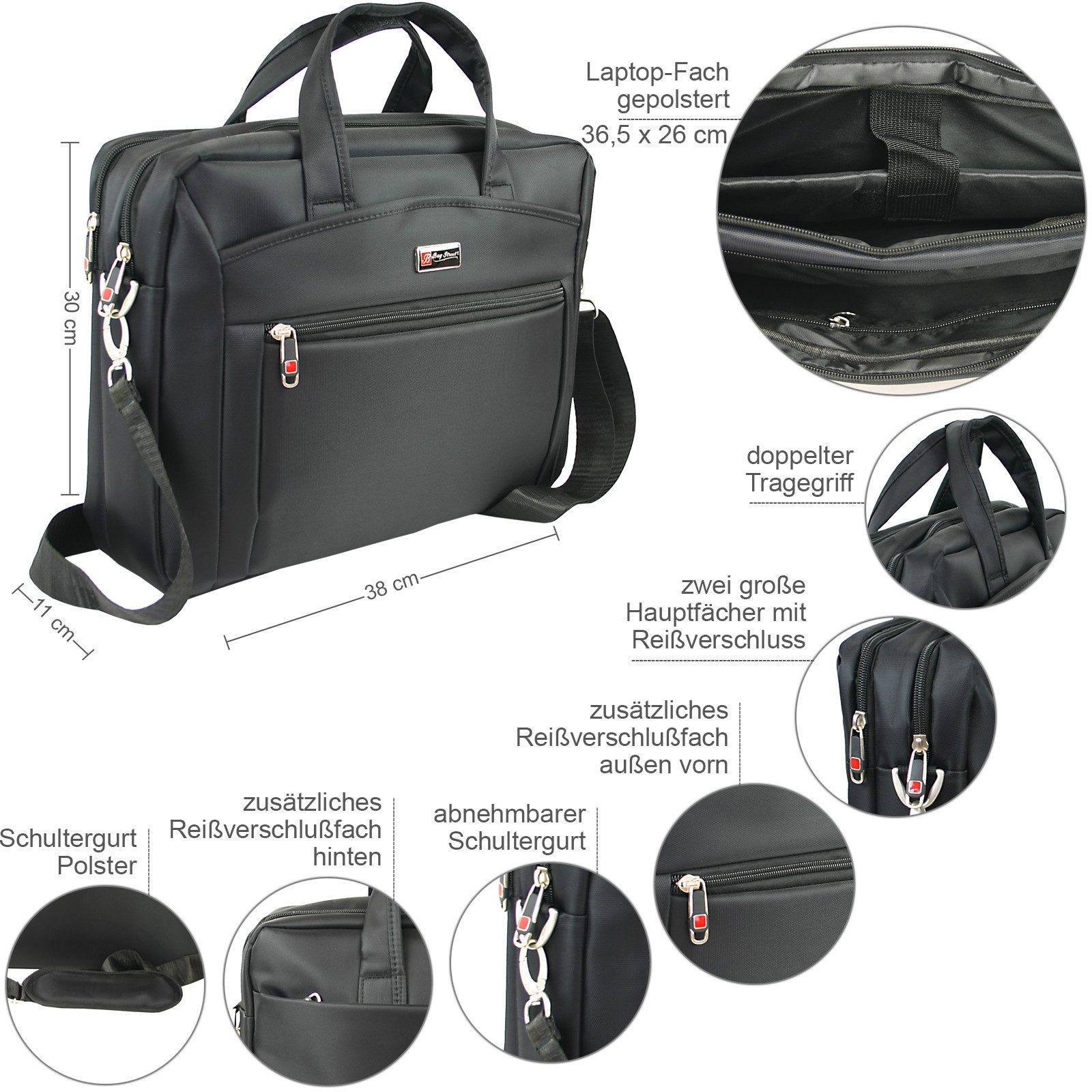 BAG STREET INTERNATIONAL Laptoptasche Business Arbeitstasche mit Laptopfach 15" Zoll gepolstert viele Fächer, 2 geräumige Hauptfächer