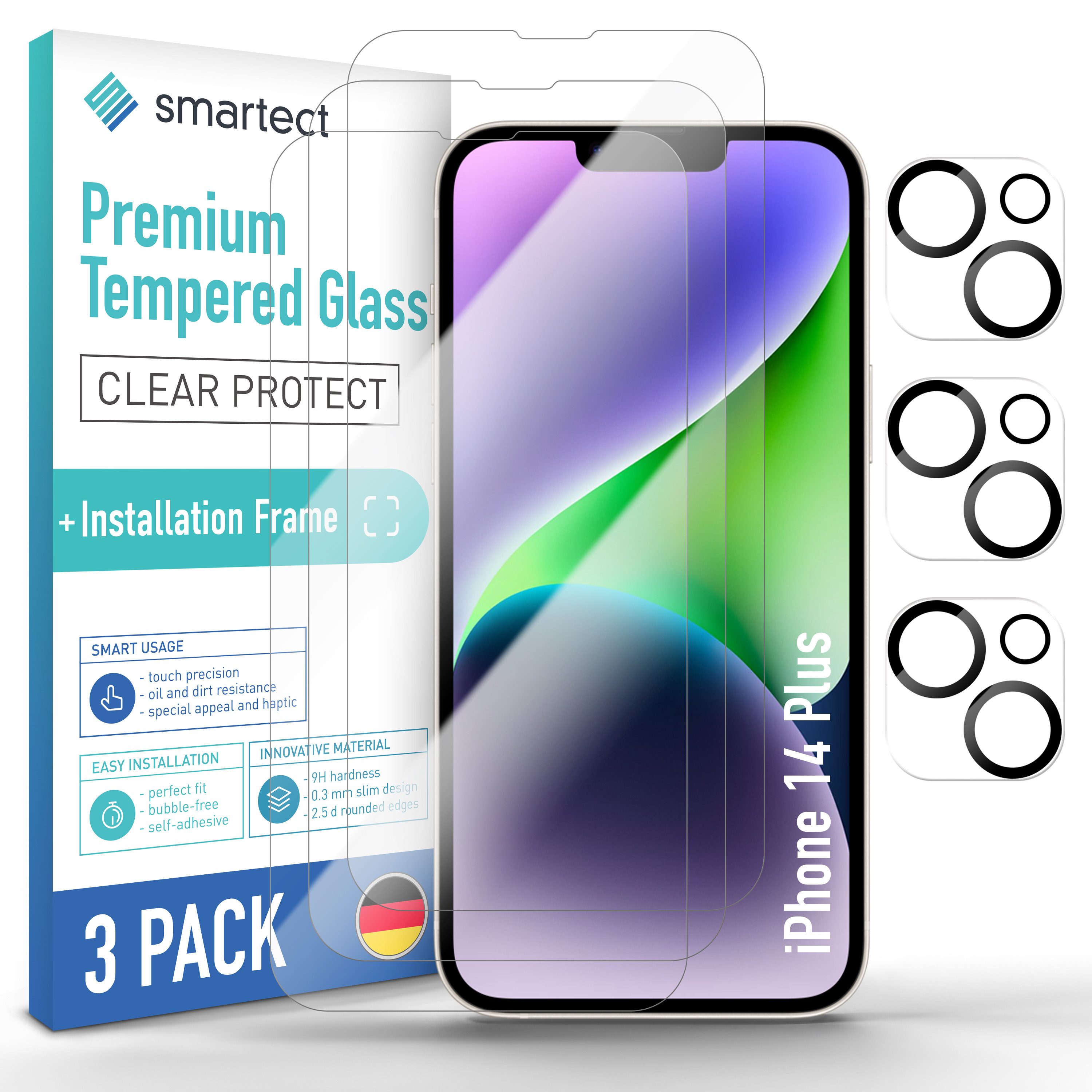 Displayschutzglas Schutzglas Klar für iPhone 14 Plus, 3x Front + 3x Cam + PH