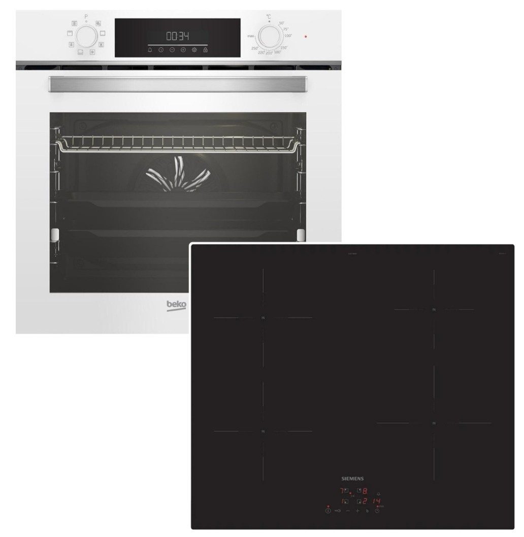 BEKO Backofen-Set Backofen SteamShine weiß + Siemens Induktionskochfeld Booster Touch, mit 1-fach Teilauszug