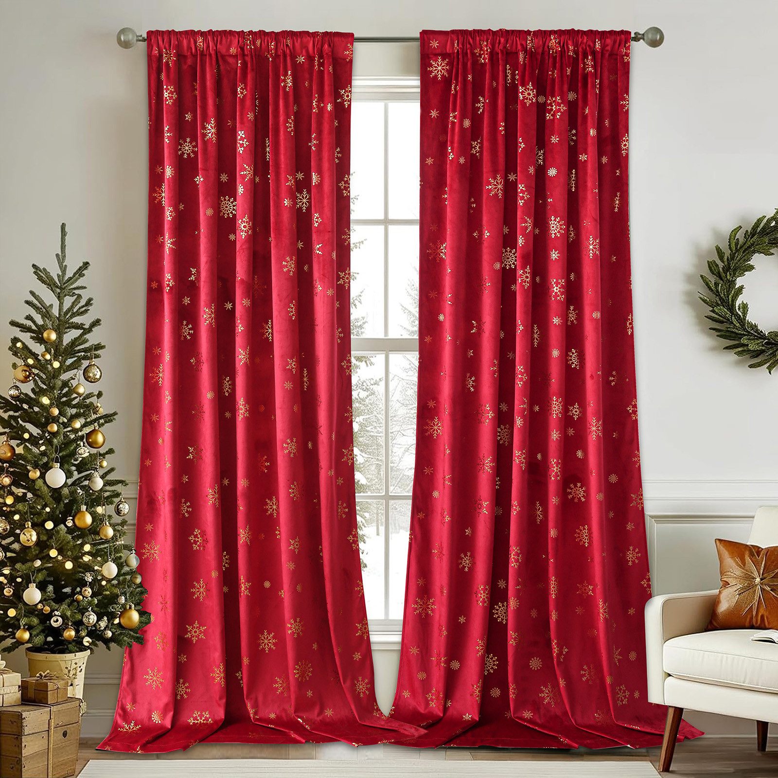 BTTO V&G Vorhang Verdunkelungsvorhang,Samt Velvet Gardinen Weihnachten Schneeflocke (2 St), blickdicht, Weihnachtsvorhänge,Thermogardine mit Schneeflocken Goldfolien