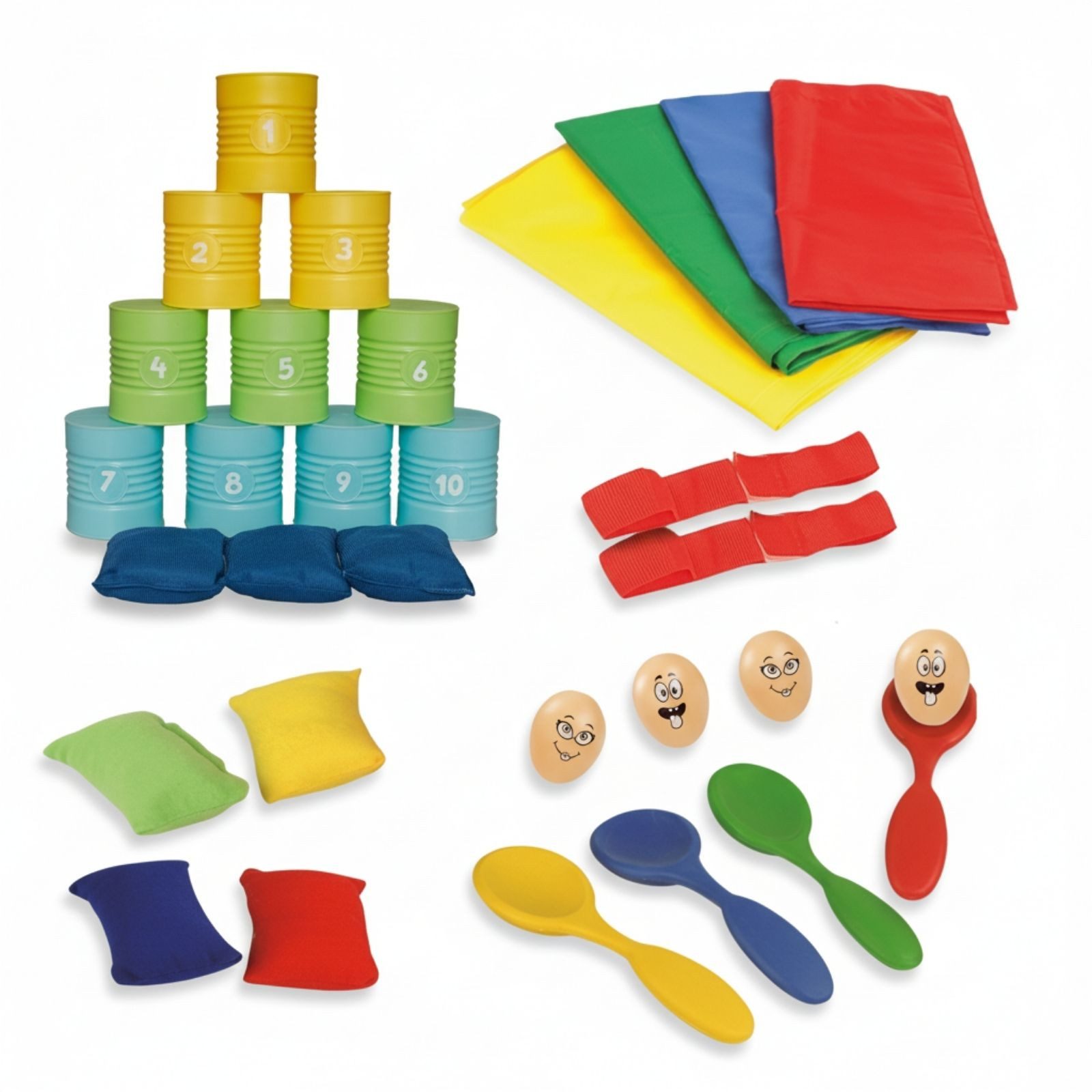 alldoro Spiel XL Kinderparty-Set, 31 Teile, Dosenwerfen, Sackhüpfen, Eierlauf & mehr, 5 Spiele für Kindergeburtstag, drinnen & draußen, Kinder ab 3 Jahre