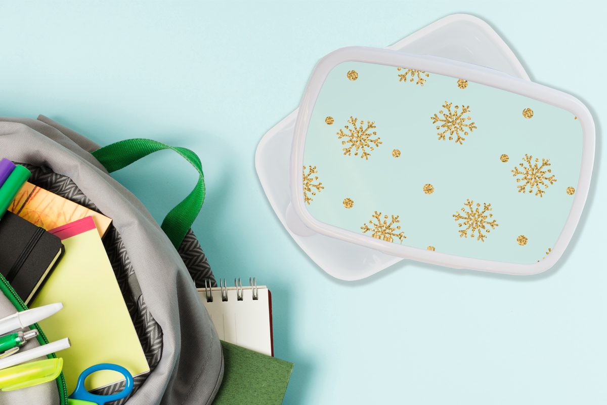 Lunchbox Kinder Mädchen - Kunststoff, und Muster Schnee Gold, (2-tlg), Brotbox Weihnachten Jungs und Brotdose, - - Erwachsene, für für weiß MuchoWow