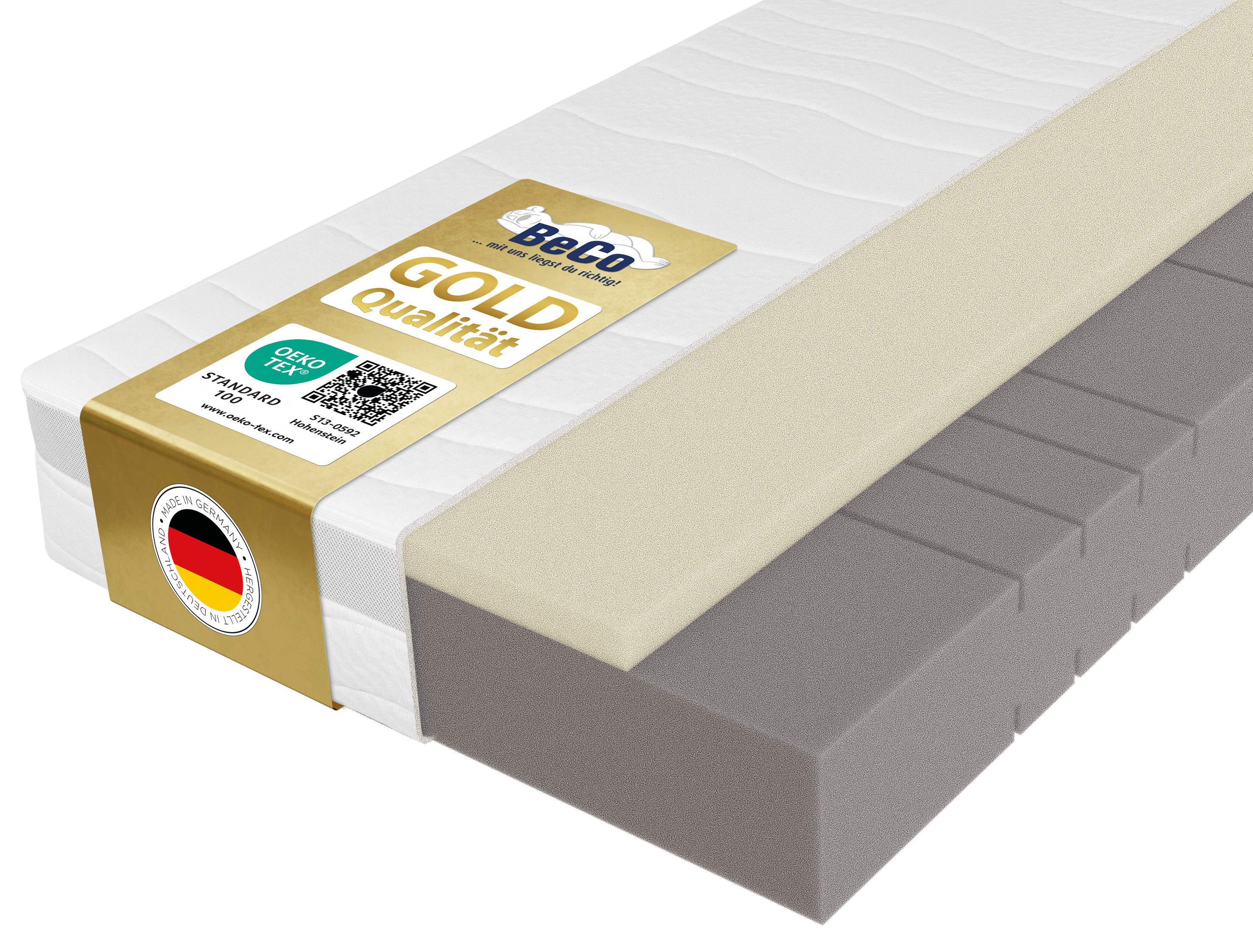 Hybridschaum-Matratze Feel Like Latex ONE KS - GOLD, Matratze 90x200 cm, 140x200 cm und mehr, Beco, 21 cm hoch, Ergonomischer Hybridschaum mit komfortabler Feel Like Latex Auflage