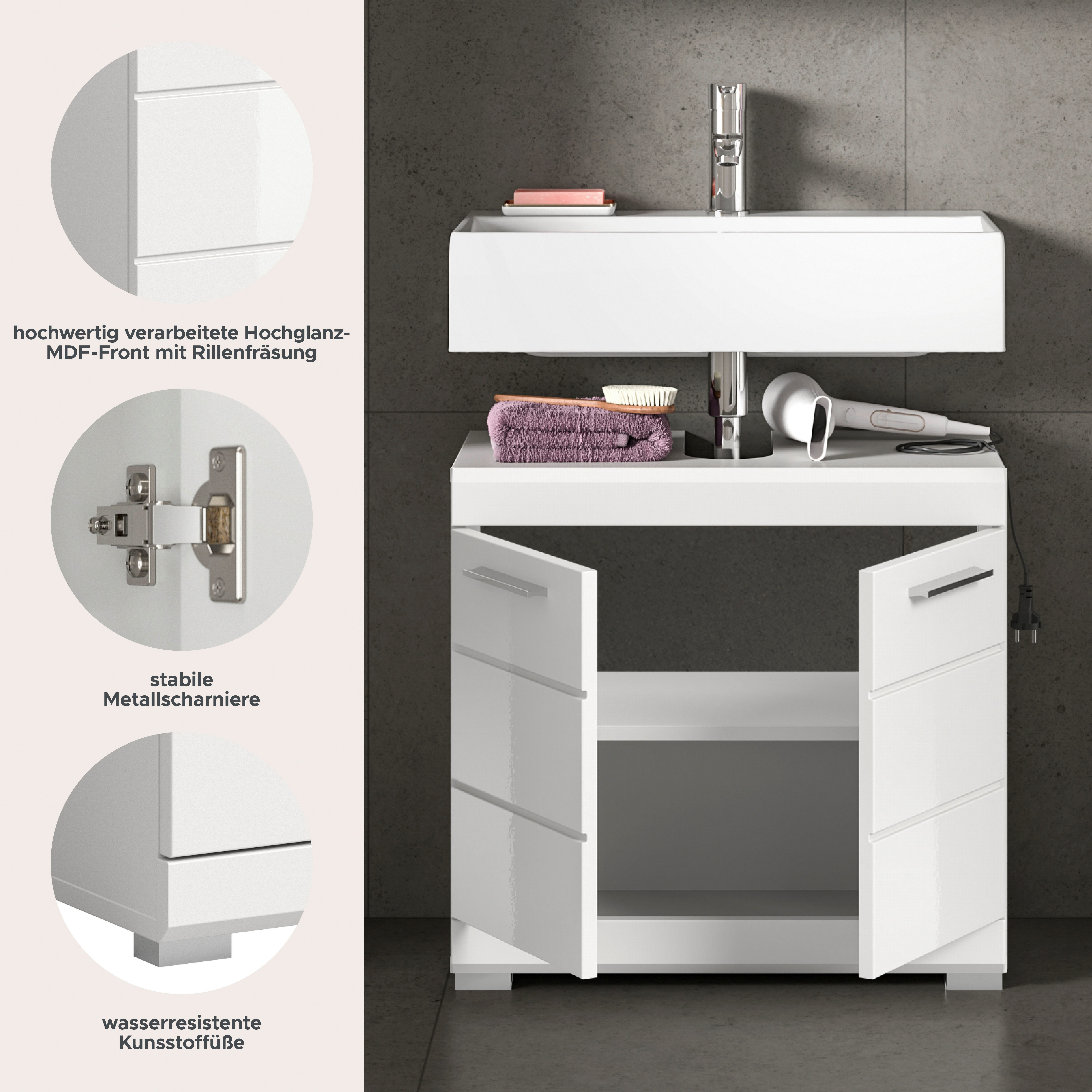 welltime Waschbeckenunterschrank SIENA, Breite 60cm, mit 2 Türen oder 2 Schubkästen, MDF-Front (1-St., TOPSELLER!, mit Siphonausschnitt 10x25 cm) in verschiedenen Farben erhältlich, Badmöbel, Badschrank, Kommode, Bad