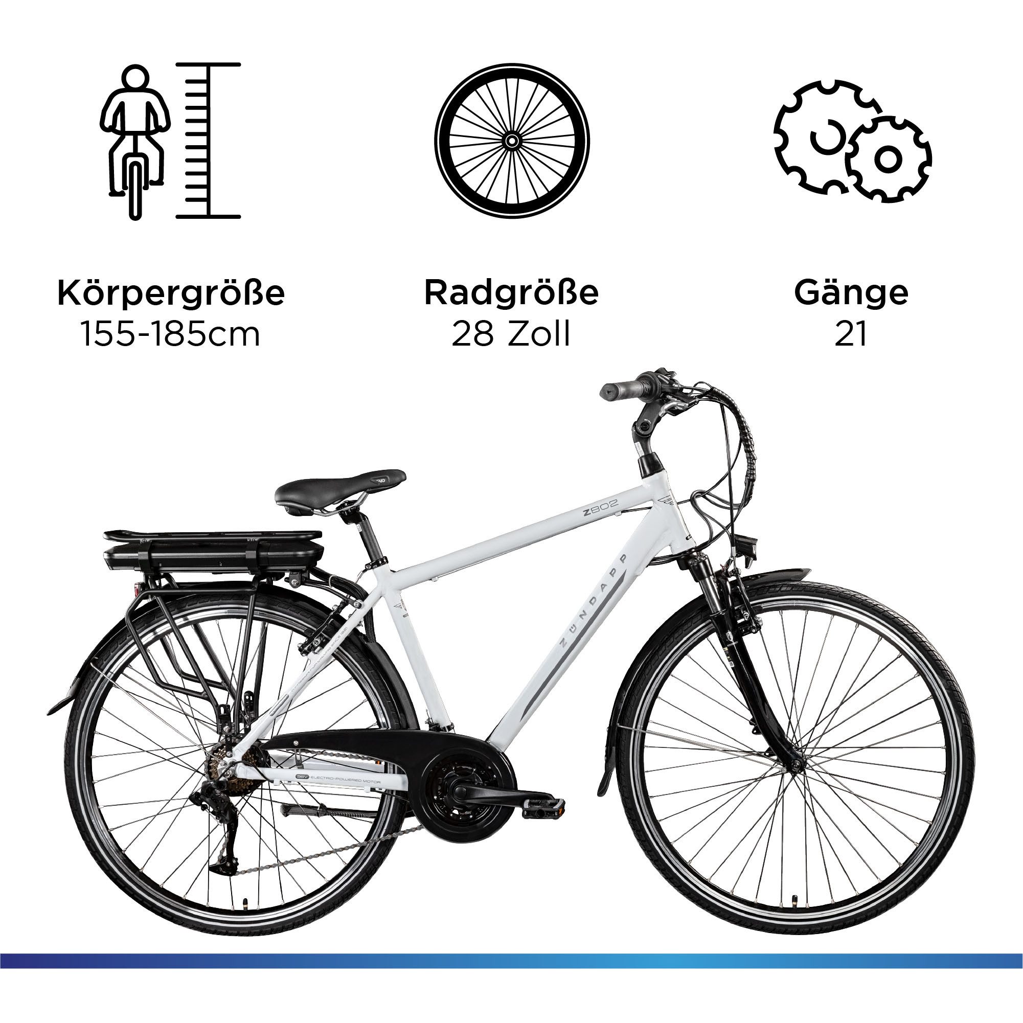 Zündapp E-Bike Trekkingrad Z802 Herren, 21 Gang Shimano Altus RD-M310 Schaltwerk, Kettenschaltung, Heckmotor, 374 Wh, Pedelec, Elektrofahrrad für Damen u. Herren