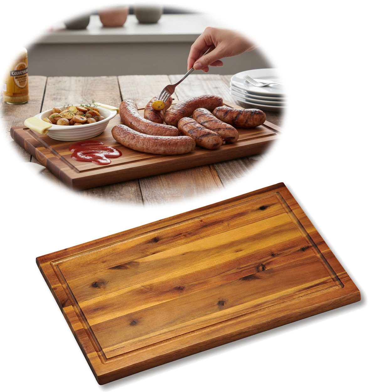 LS-LebenStil Schneidebrett Profi Holz Tranchierbrett 40x26cm Akazie Küchenbrett Holzbrett, Holz, (Servierbrett Brotschneidebrett Vesperbrett, 1-St., Käsebrett Hackbrett Holzbrett), Wurstbrett Chopping Board Fleisch Steak Küche groß