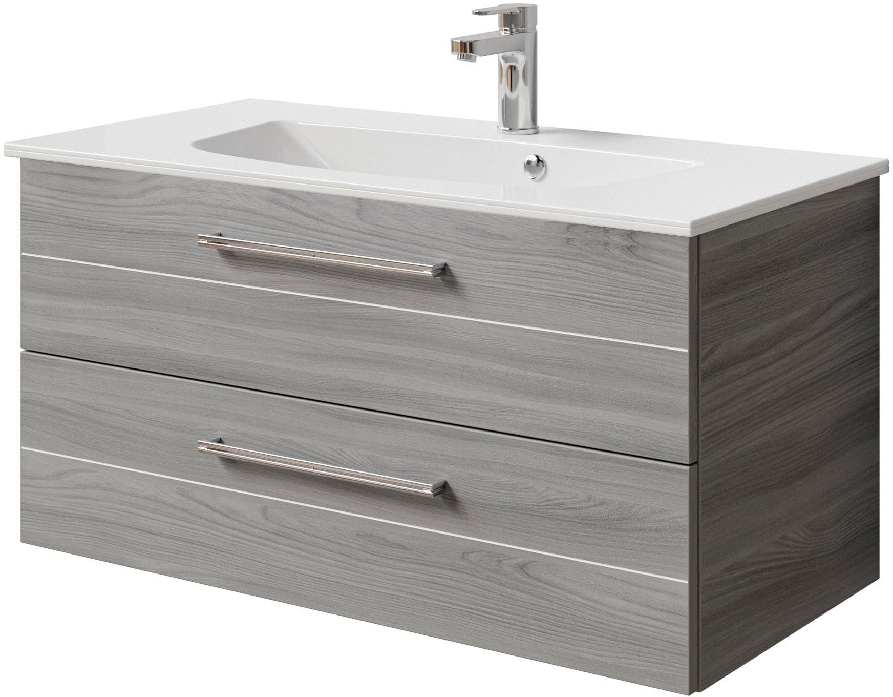 Saphir Waschtisch Serie 6025 Mineralmarmor-Waschtisch mit Unterschrank, 97 cm breit (2-St), Waschplatz mit 2 Schubladen, hängend, verschiedene Ausführungen