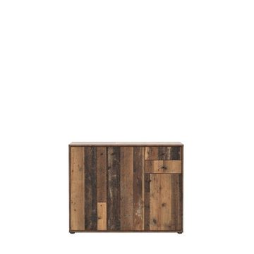 möbelando Kommode Tembi, Moderne Kommode aus Spanplatte in Old Wood Vintage Nachbildung mit 3 Holztüren, 2 Schubkästen und 3 Einlegeböden. Breite 108,8 cm, Höhe 85,5 cm, Tiefe 34,8 cm