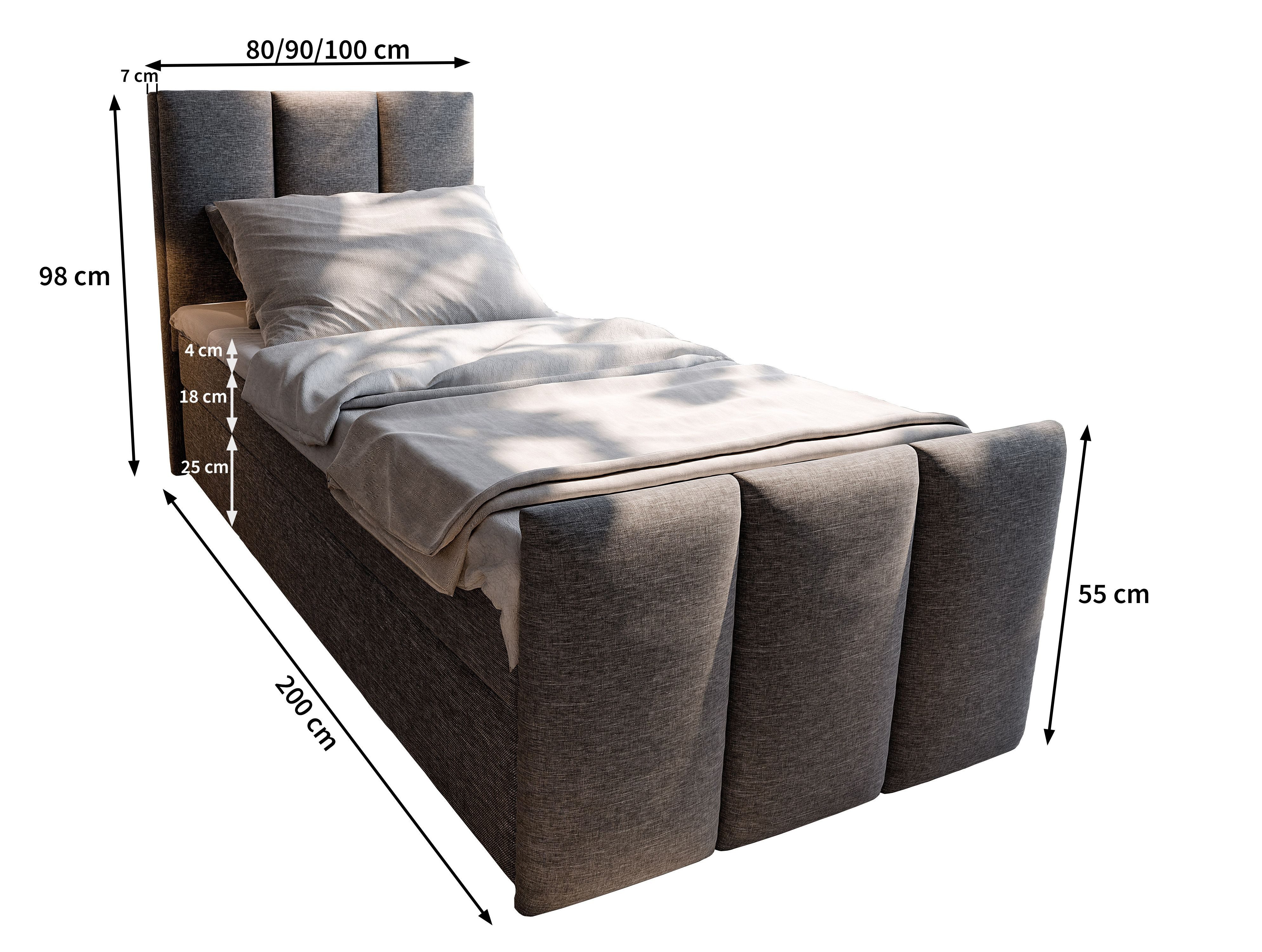 Masseno Boxbett LAGO 100x200 cm mit Bonell Matratze und Topper, Einzelbett, Jugendbett, Polsterbett mit Kopfteil, Boxspringbett – Bild 4 von 5