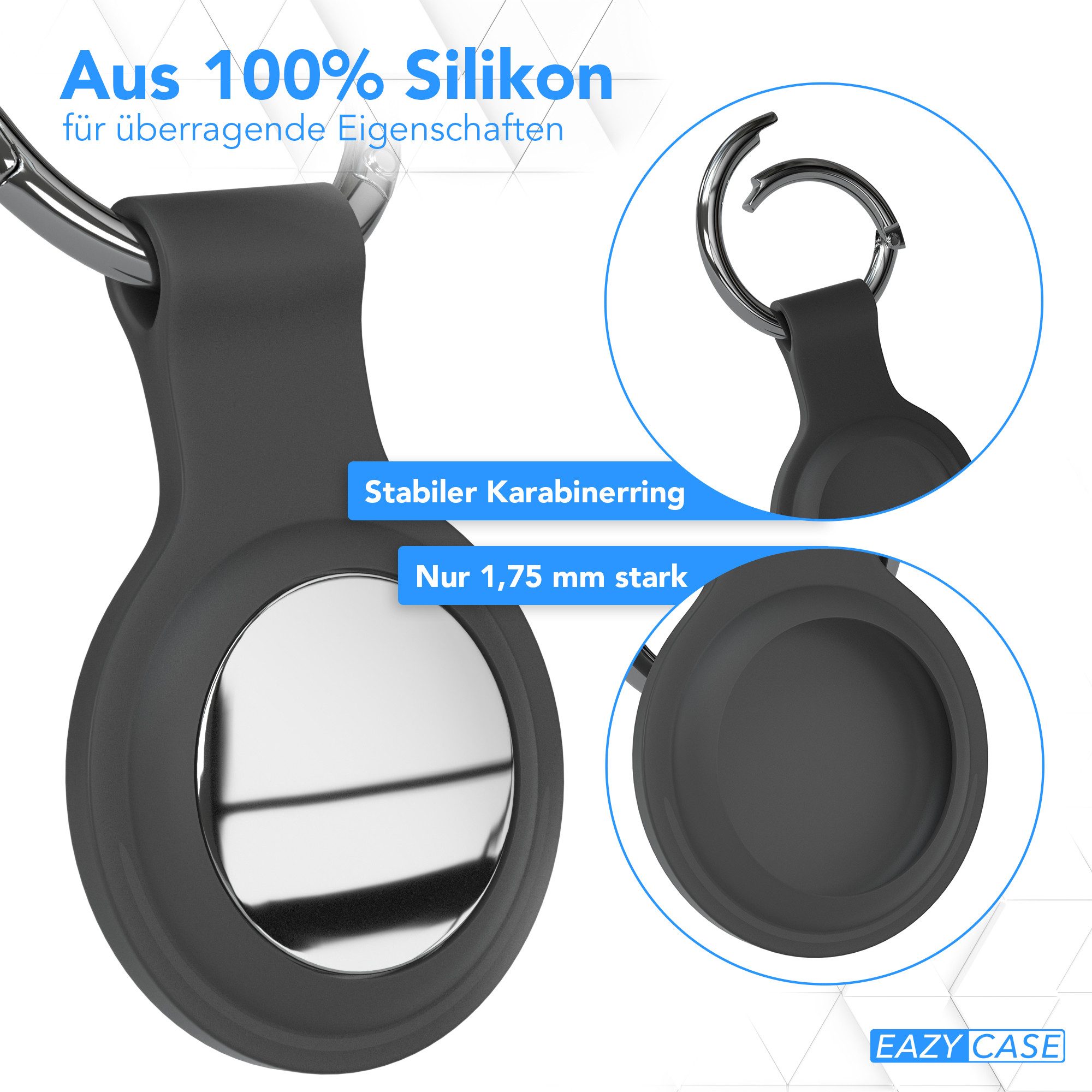 EAZY CASE Schlüsselanhänger 3er Set Silikon Anhänger kompatibel Apple AirTag, Airtags Hülle mit Silikon Rand Weich Tracker Karabiner Grau