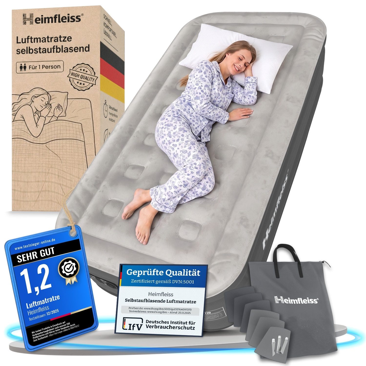 Heimfleiss® Luftmatratze Luftbett selbstaufblasend integrierte Pumpe, (Reisebett Matratze mit Elektropumpe, 3-St., inkl. Tragetasche und Reparatur-Kit), 1 Person 198x99x46 cm, 150 kg