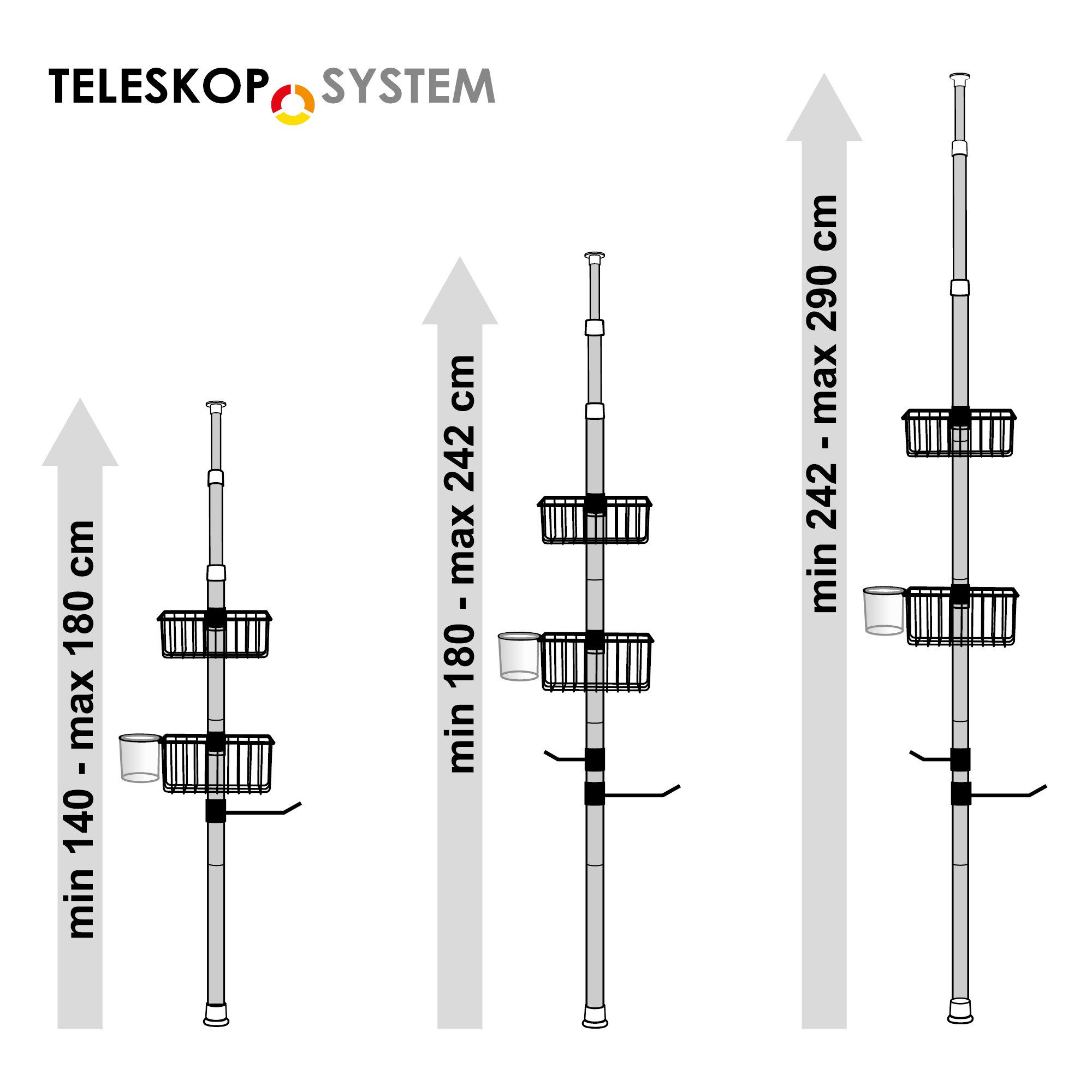 bremermann Teleskopregal 2 Körbe, 2 Handtuchstangen, Teleskop-Stange bis max. ca. 290 cm, grau