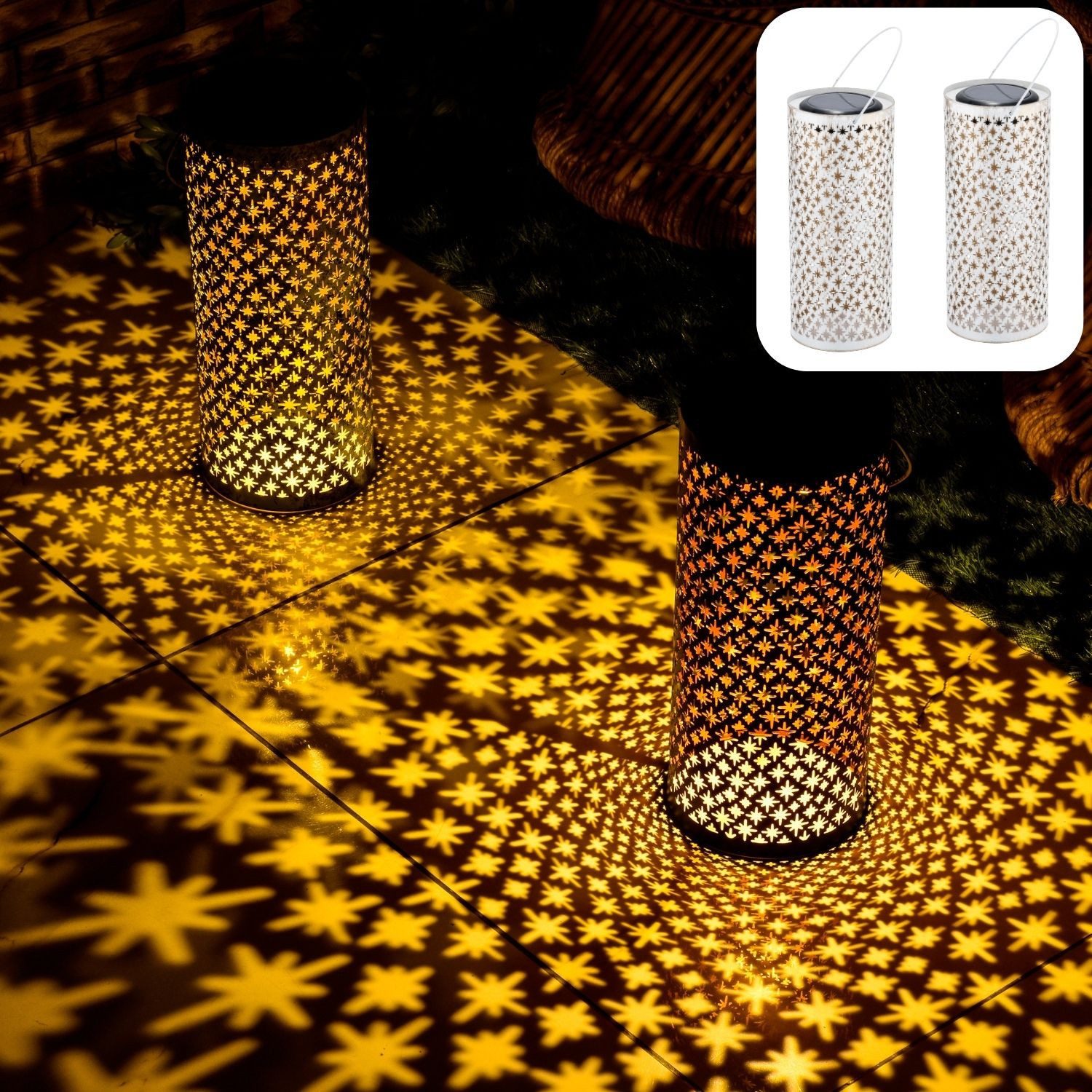 Marrakesch Orient & Mediterran Interior LED Solarleuchte 2er Set Vintage Solarlaterne Joran modern aus Metall in Weiß 30 cm, LED fest integriert, Hängeleuchte