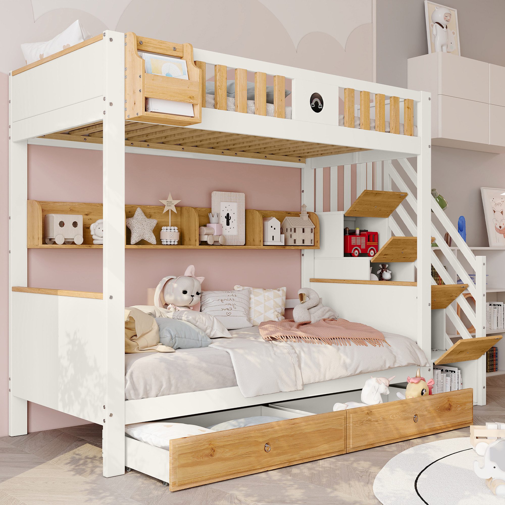 Flieks Etagenbett, Massivholz Kinderbett mit Stauraumtreppe und 2 Schubladen 90x200cm