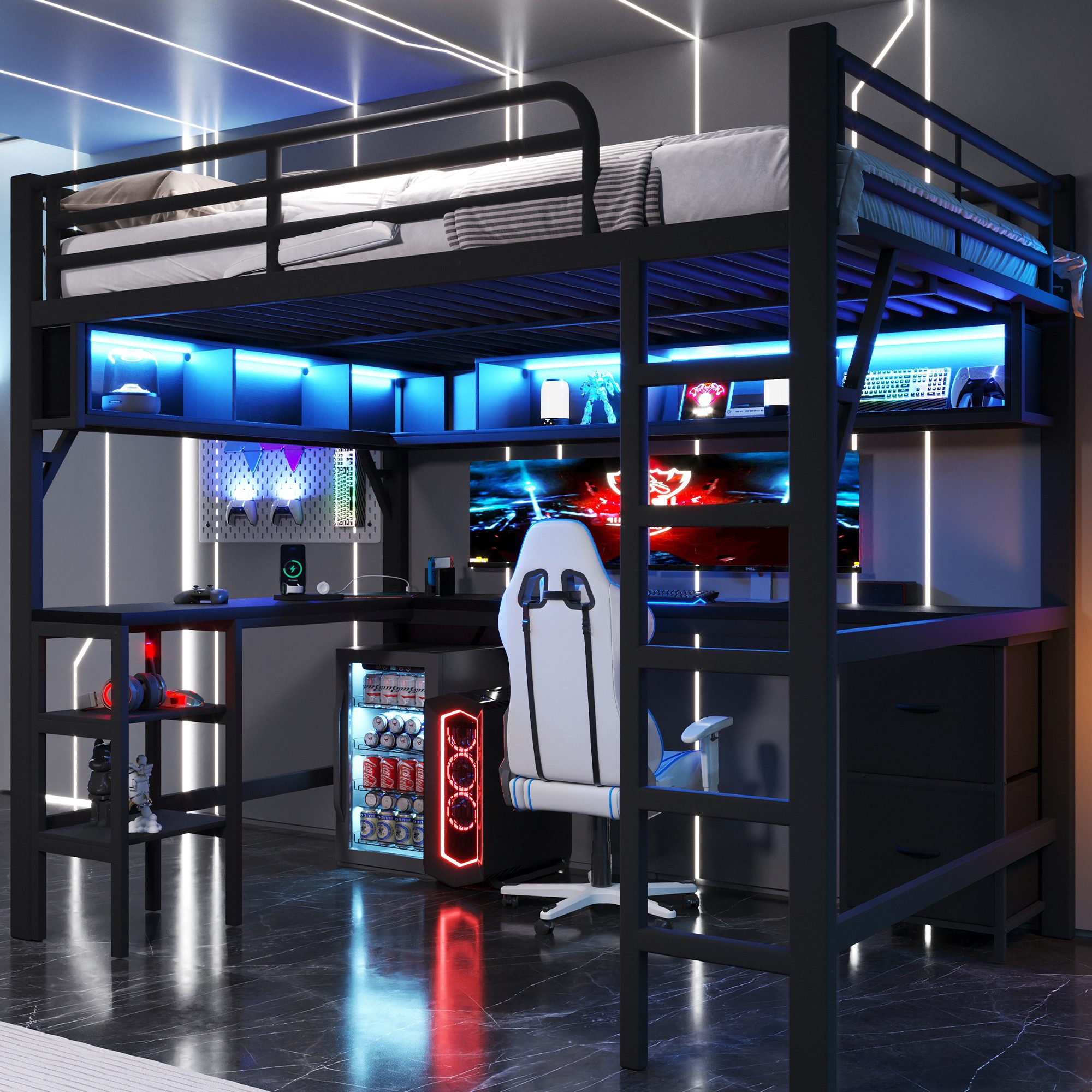 REDOM Hochbett Metall-Gaming-Funktionsbett (mit LED-Beleuchtung, Schreibtis günstig online kaufen