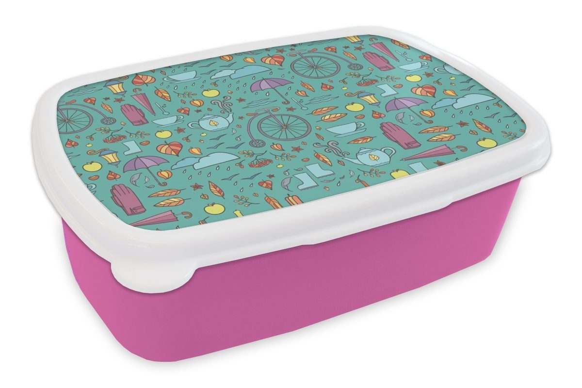 MuchoWow Lunchbox Herbst - Muster - Fahrrad - Regen, Kunststoff, (2-tlg), Brotbox für Erwachsene, Brotdose Kinder, Snackbox, Mädchen, Kunststoff rosa