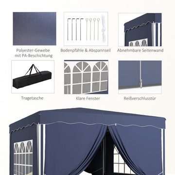 Outsunny Faltpavillon ca. 3 x 3 m, Pavillon mit Seitenwänden, Fenster, mit 4 Seitenteilen, (Gartenpavillon, Partyzelt), für Terrasse, Balkon, Blau