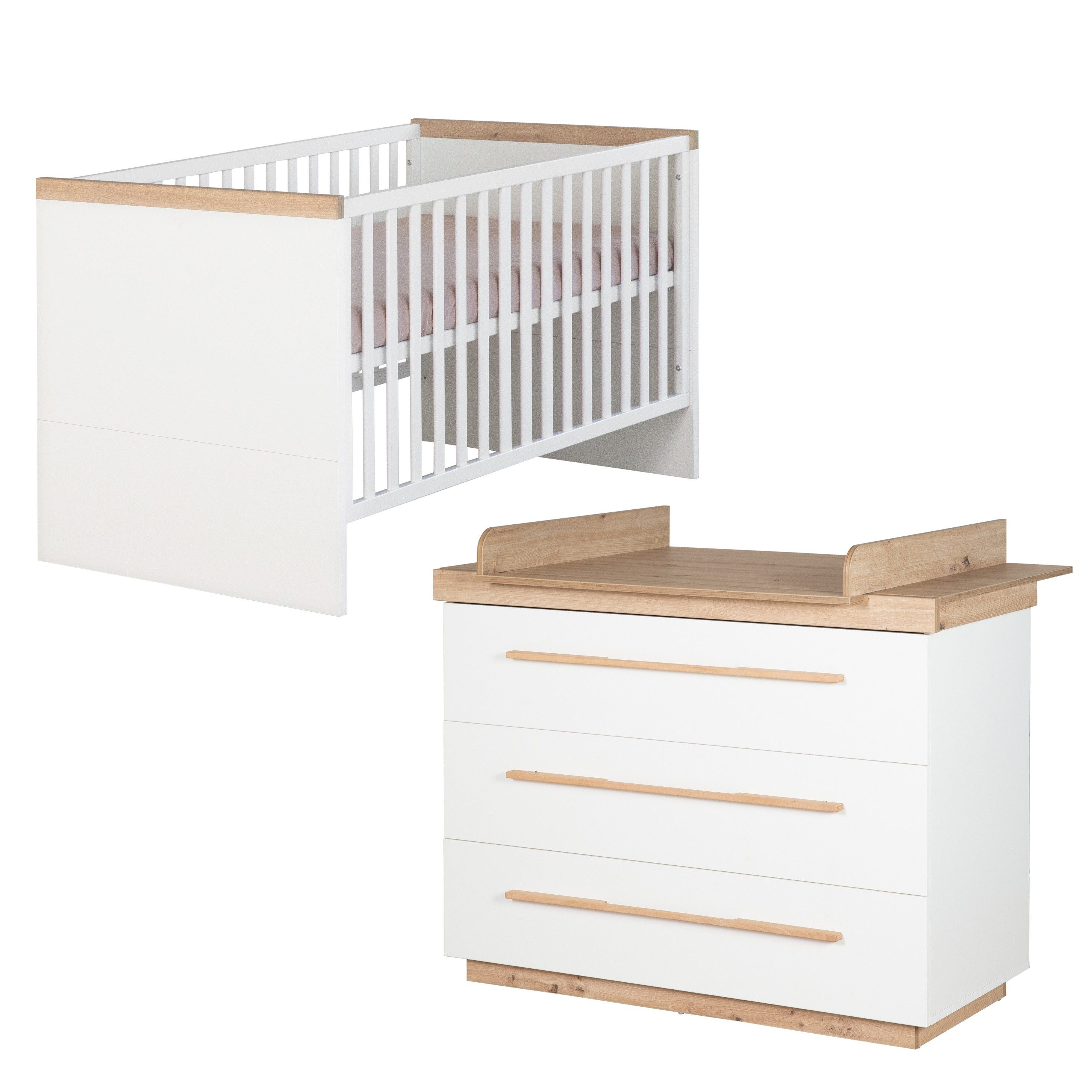 roba® Babymöbel-Set Lumo - Modernes Kinderzimmer - Aus Holz - Weiß / Artisan Eiche, (Set, 2-tlg., Babybett 70 x1 40 cm &, Wickelkommode), Griffe & Füße aus Massivholz - Skandinavisches Design - MADE IN EUROPE