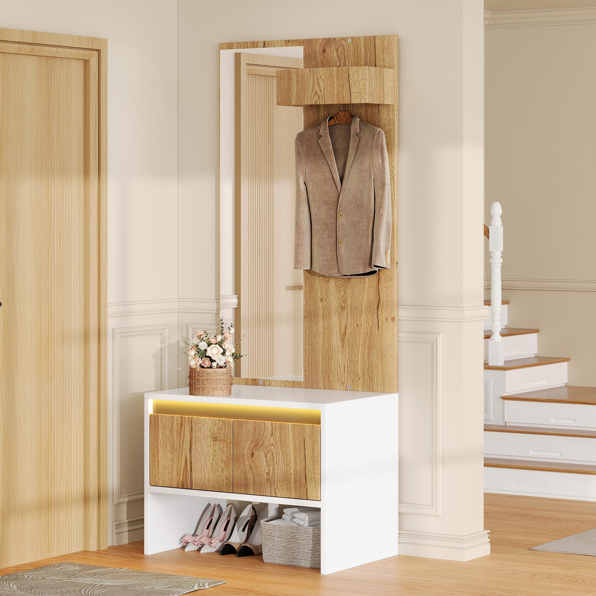 Flieks Garderoben-Set Kleiderhaken, Spiegel, Schuhbank mit Schubladen & LED-Beleuchtung, (Set, 2-St., 60×38×145 cm), Kompaktgarderobe Garderobenständer Flurmöbel Holzoptik Weiß