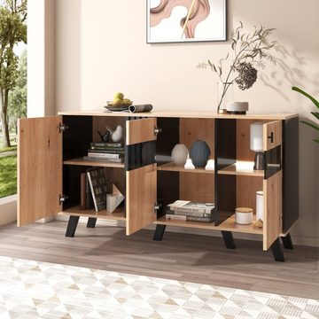 Merax Sideboard inkl. LED-Beleuchtung, B:140cm, mit 3 Türen und 6 Fächer, Anrichte, Buffet, Kommode Landhaus