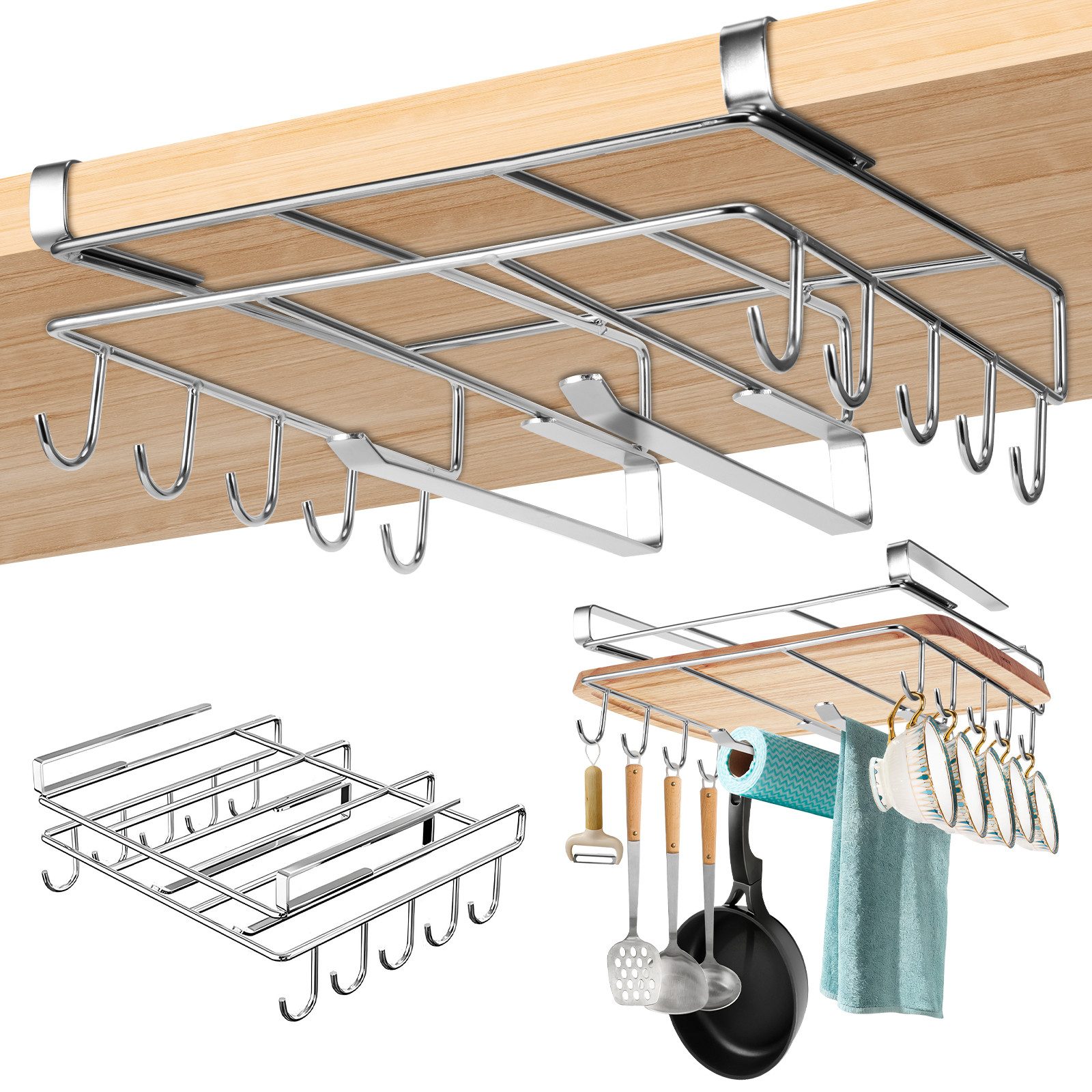 BlingBin Hängekorb Einhängekorb Mit Haken, Schrankkorb Küchenregal Ohne Bohren (1er Set, 1 St., Produktabmessungen: 26 × 25 × 11 cm), Schneidebrett-Organizer,Edelstahl-Aufbewahrungsregal für Küche