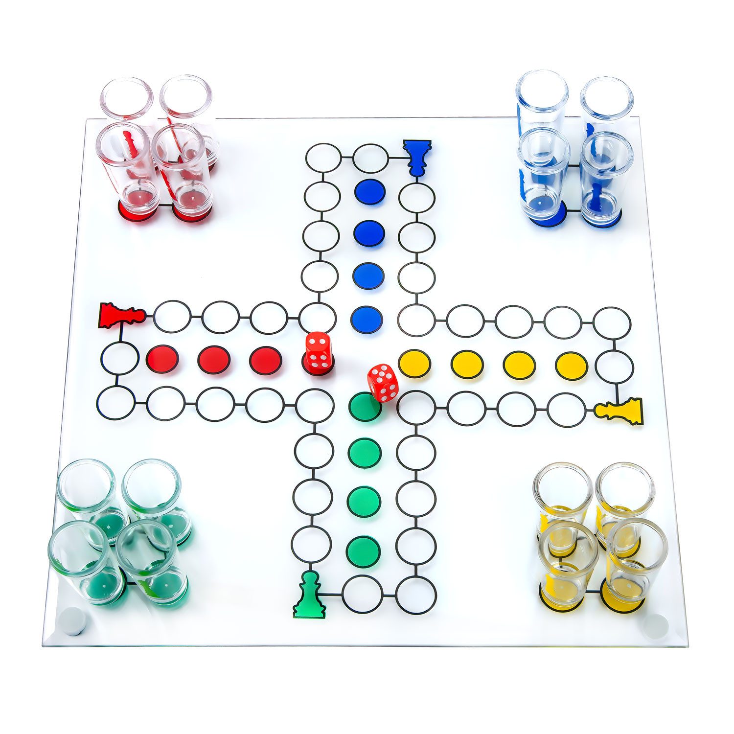 Goods+Gadgets Spiel Drinking Partyspiel aus Glas, Ludo, Trinkspiel mit Würfel & 16 Shotgläser