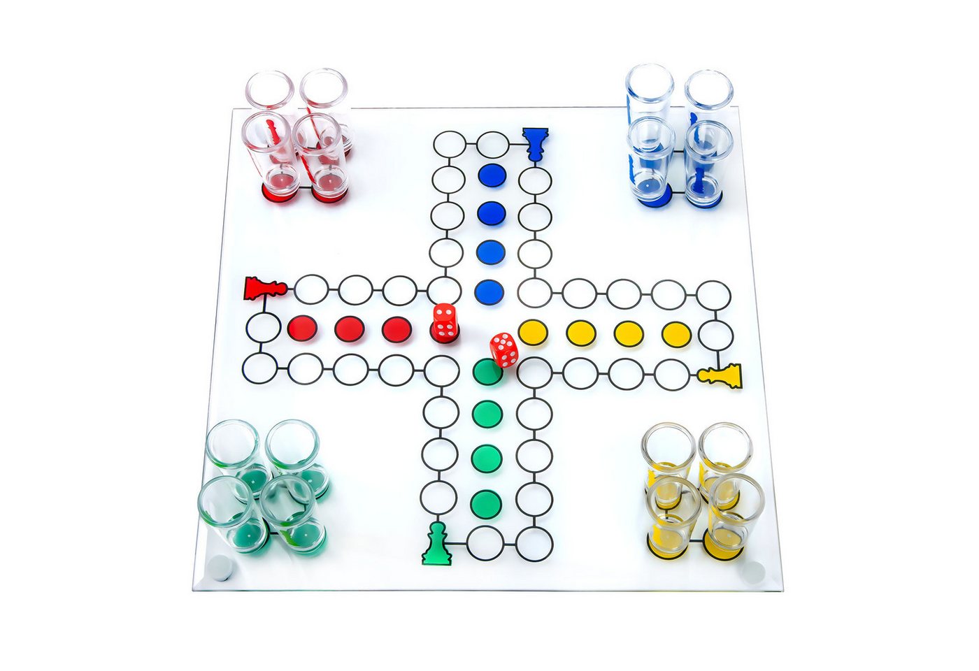 Goods+Gadgets Spiel GOODS+GADGETS Ludo Trinkspiel aus Glas mit 16 Shotgläsern Party, Ludo, Trinkspiel mit Würfel & 16 Shotgläser