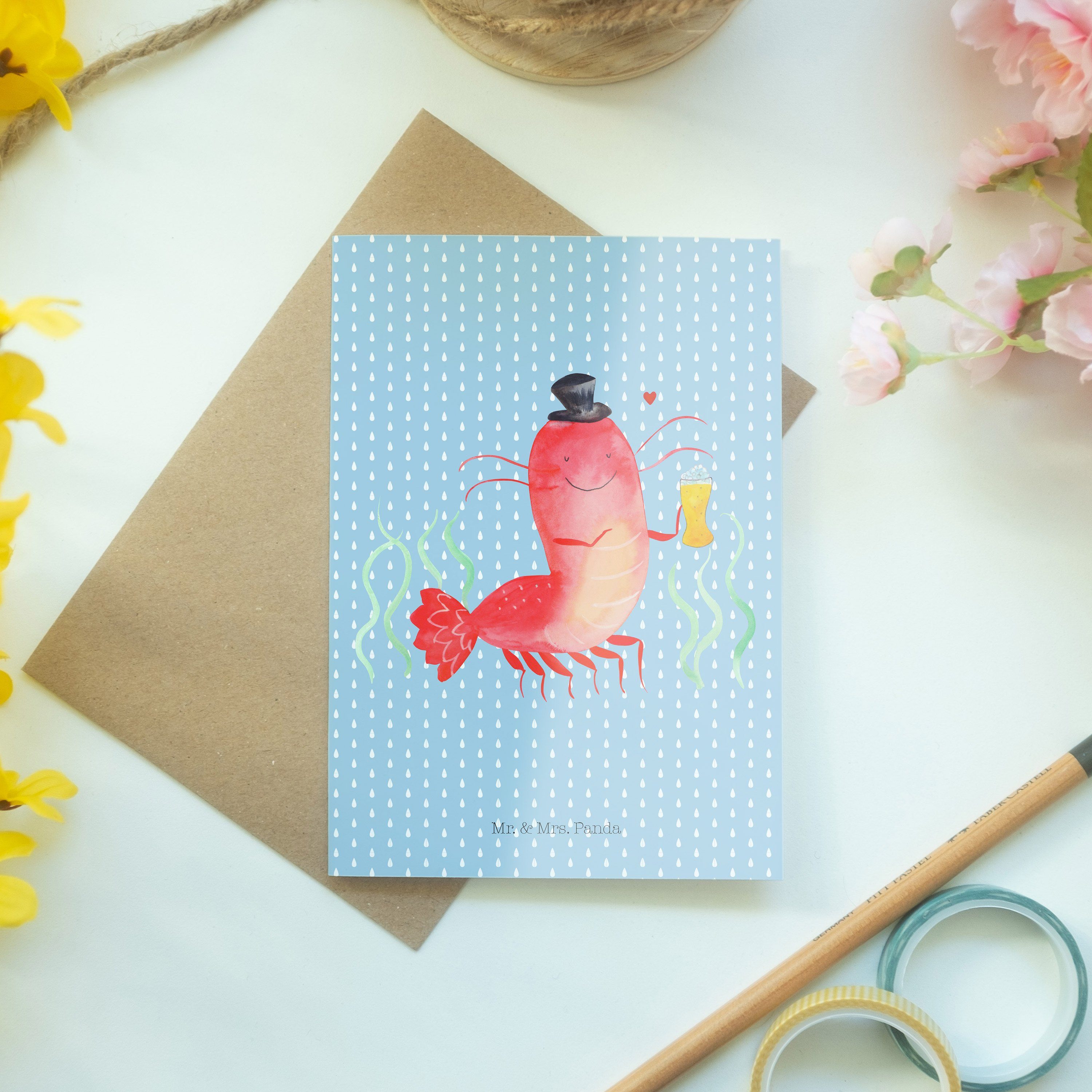 - - Panda Grußkarte Weizen Geburtstagskart & Pastell Blau Mr. Mrs. mit Hummer Garnele, Geschenk,