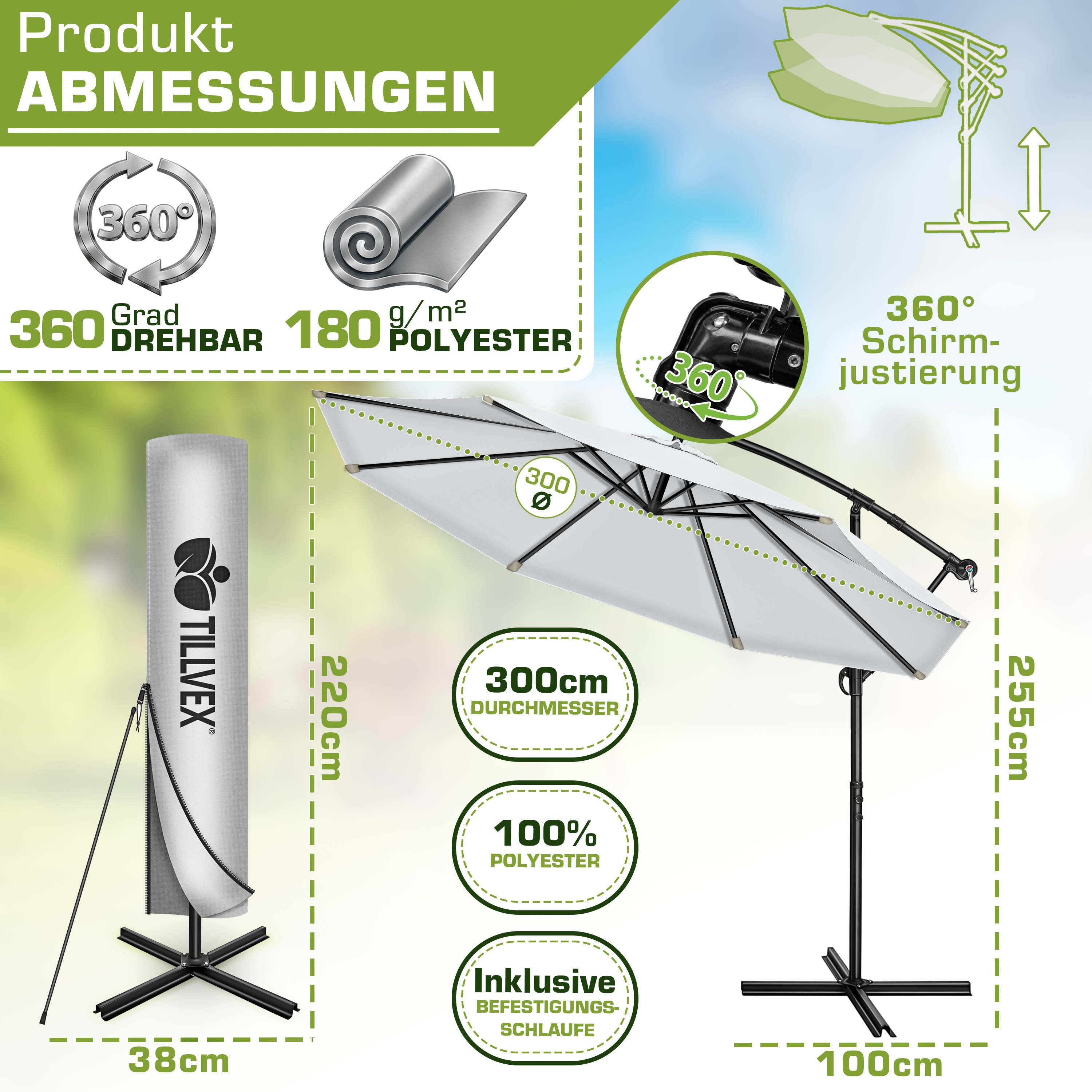 tillvex Sonnenschirm 300-350 cm Kurbel Ampelschirm mit Ständer, Abdeckung & Windsicherung, Gartenschirm UV-Schutz Aluminium – Bild 2 von 5