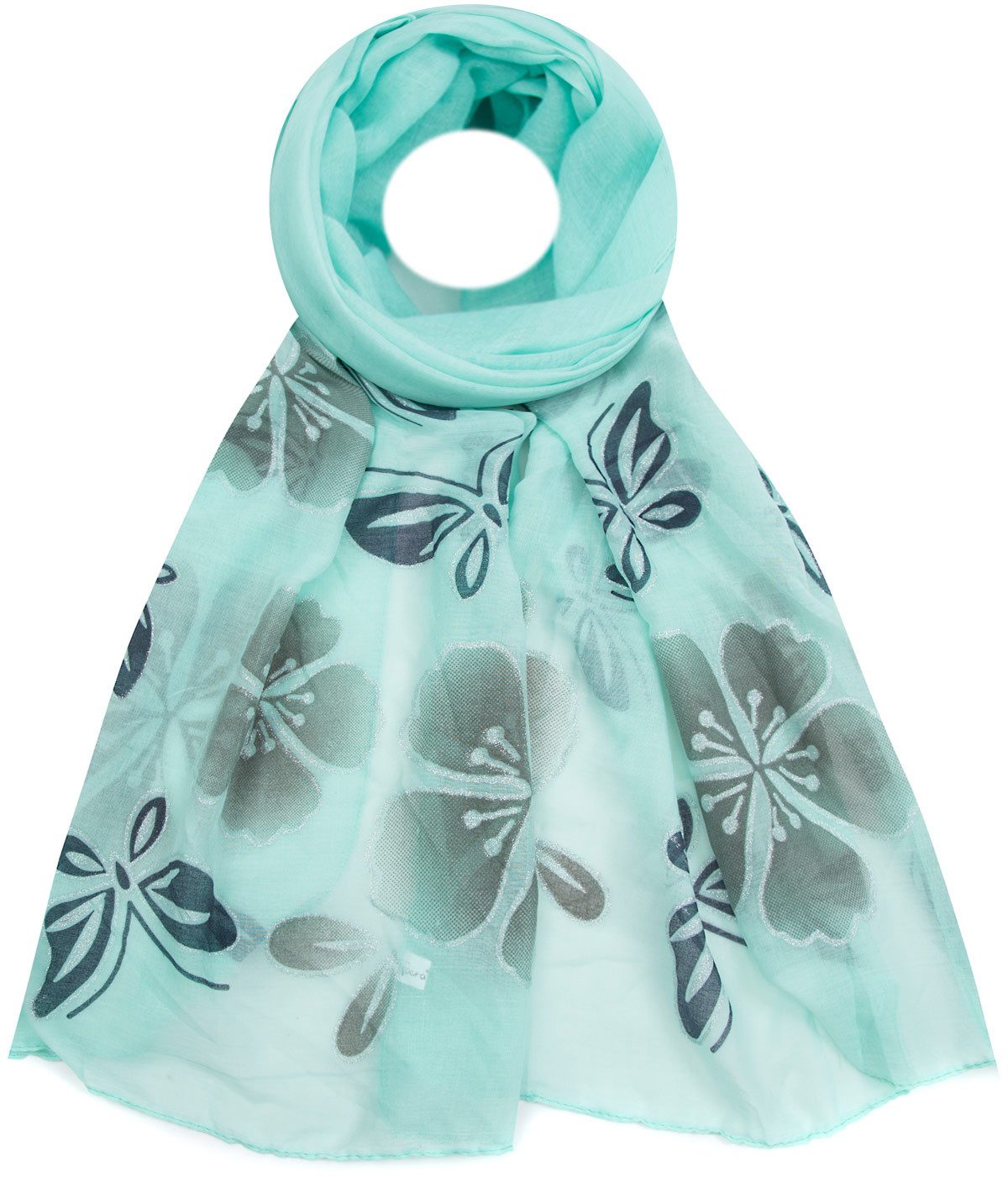 Faera Modeschal, Damen Schal Schmetterlinge und Blumen Silber-Glitzer weich und leicht