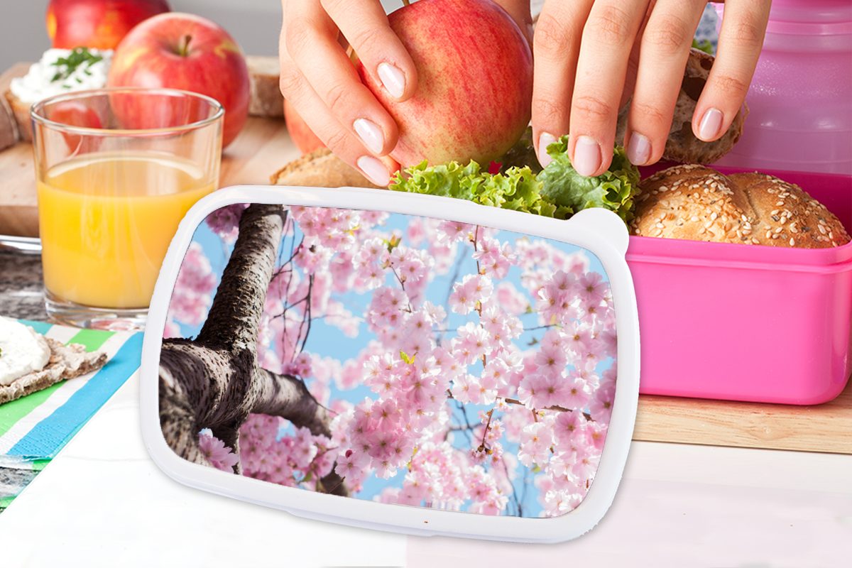 Brotbox rosa Erwachsene, Kunststoff (2-tlg), für Blumen Kinder, Brotdose MuchoWow Baum, Sakura - Lunchbox Kunststoff, - Mädchen, Snackbox,