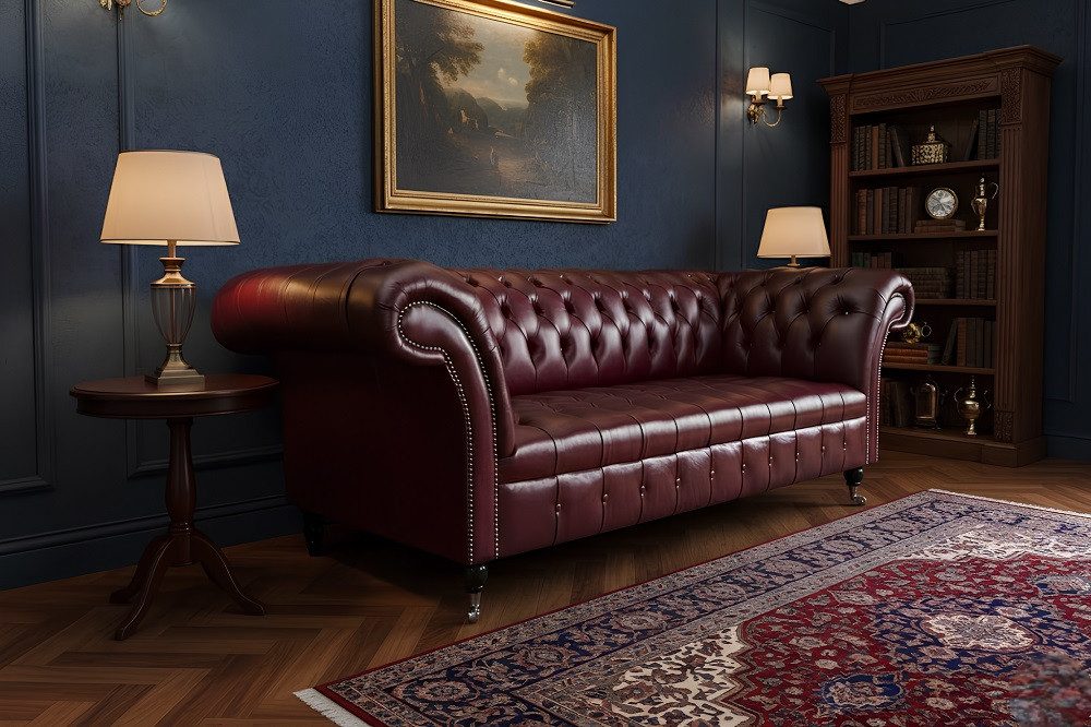 JVmoebel Chesterfield-Sofa Bordeaux Big Chesterfield Sofa aus 100% Leder in stilvollem Design, Made in Europa