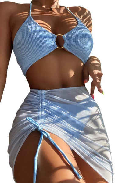 B.X Bustier-Bikini 3-teiliger Damen-Badeanzug, Neckholder-Bikini-Set mit Überrock Damen Badeanzug Set Bandage Split Drei-Stück Bikini Badeanzug