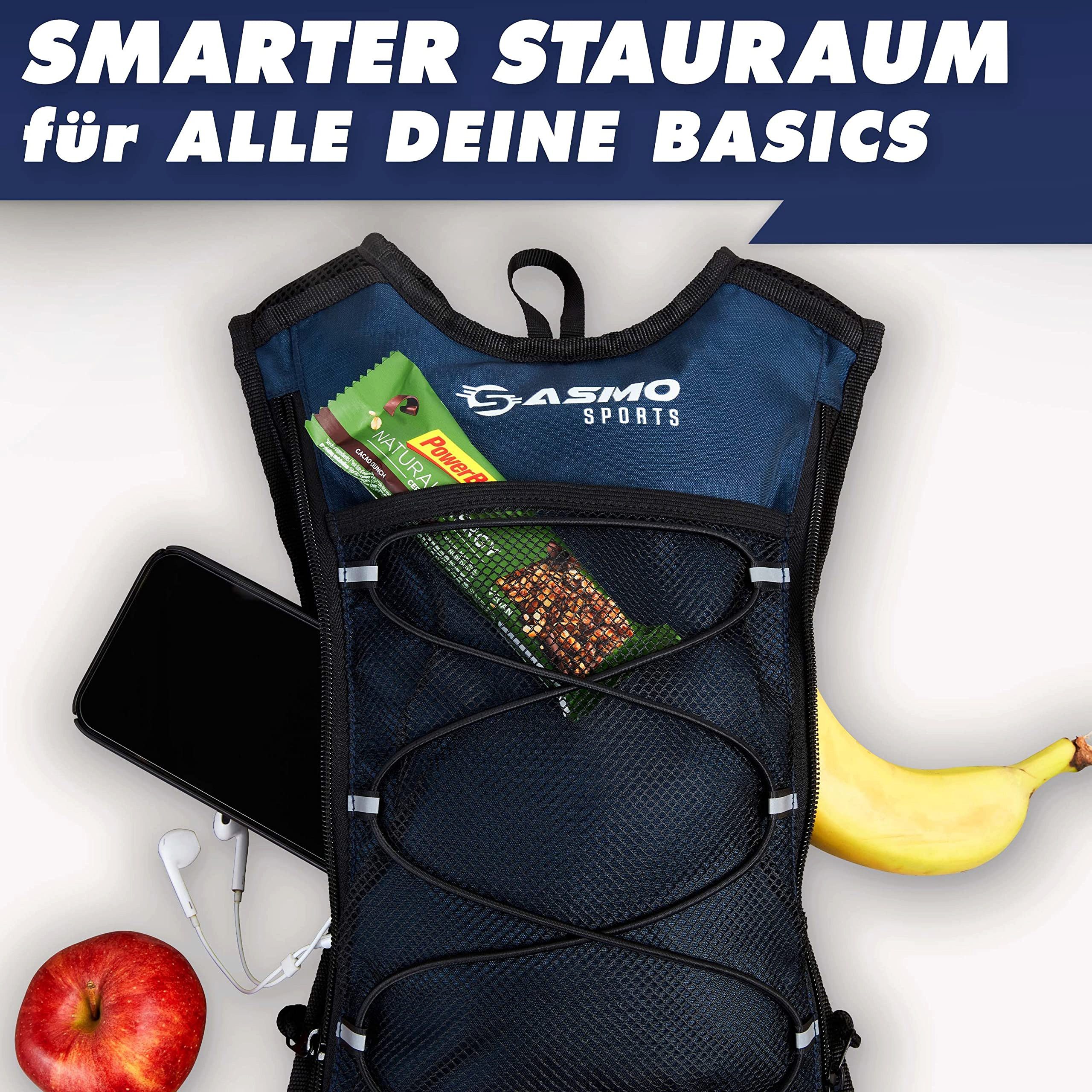 Sasmo Trinkrucksack mit Thermofach, Trinkrucksack Laufen - Ultraleicht, Laufrucksack Damen & Herren inklusive Regenschutz & Reflektoren
