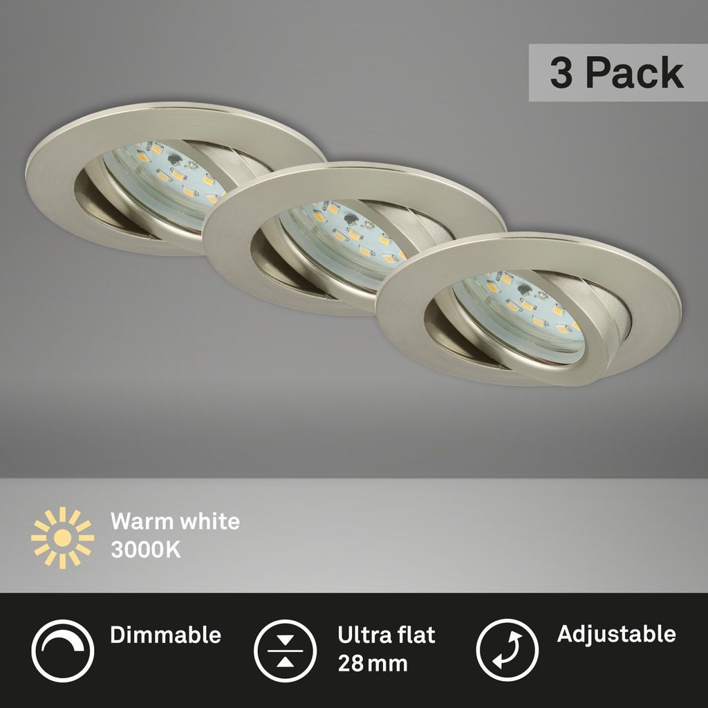Briloner Leuchten LED Einbaustrahler 7232-032, Dimmfunktion, LED fest integriert, 2700K - Extra-Warmweiß, 3er Set, dimmbar, ultraflach, schwenkbar, silber, 8,2 cm