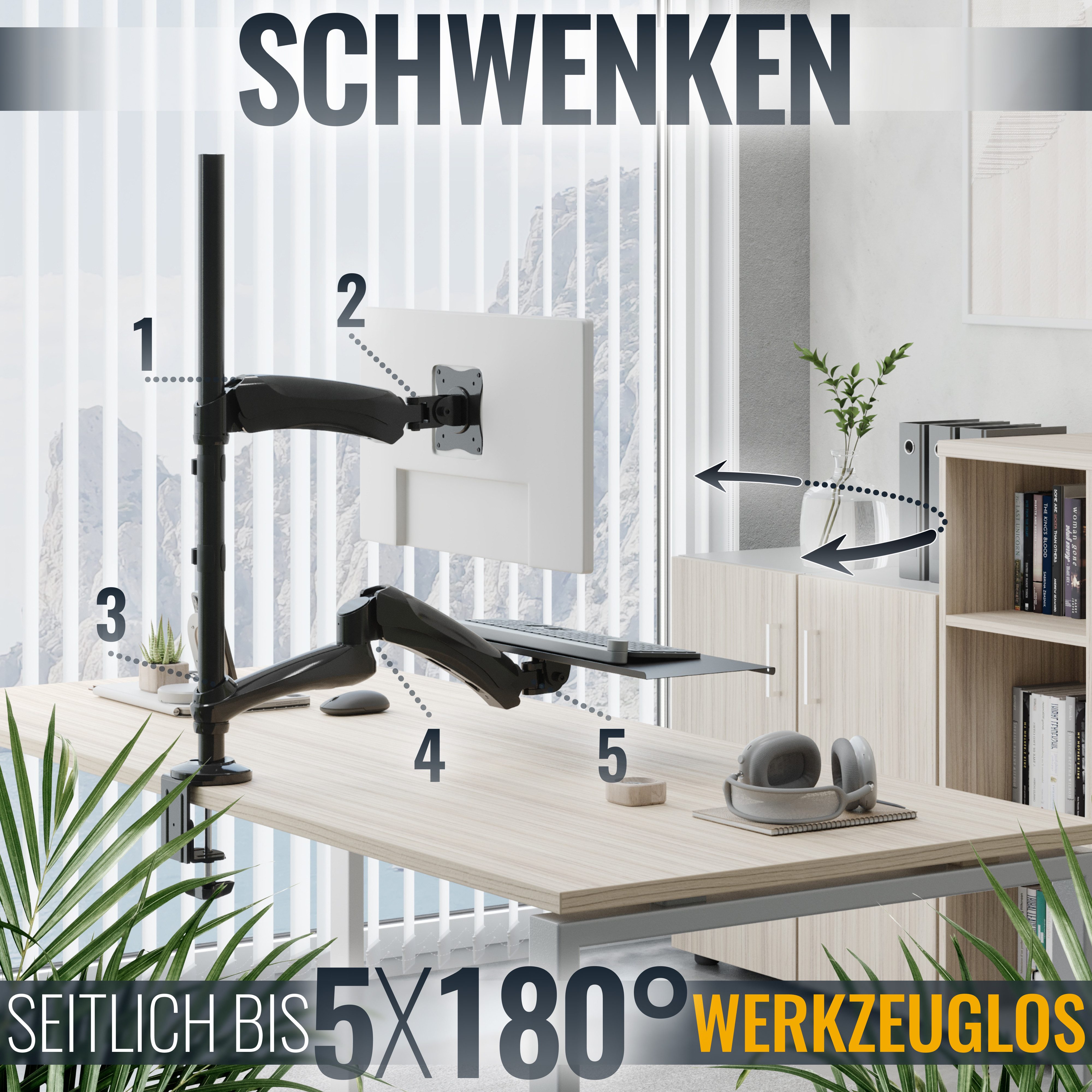 RICOO Monitor-Halterung Desktop Monitor Tischhalterung mit Tastaturablage TS1211, (bis 27 Zoll, VESA 75x75 und 100x100, 1-tlg., 9 kg Monitor, 2 kg Tastatur belastbar, 33-68 cm (13"-27) Diagonale, Neigbar +90°/-90°, drehbar bis 360°, schwenkbar bis 180)