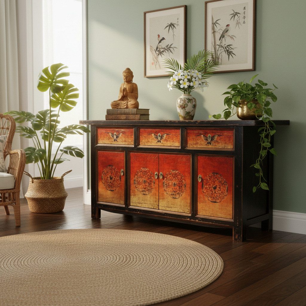 OPIUM OUTLET Sideboard Kommode Vintage Möbel mit authentischen Motiven (Asia Asiatisch Chinesisch Orientalisch Antik-Stil shabby-chic, aus Holz, Schrank Hochzeitsschrank Anrichte Büffet Vitrine), B x T x H: 170 x 45 x 85 cm, komplett montiert