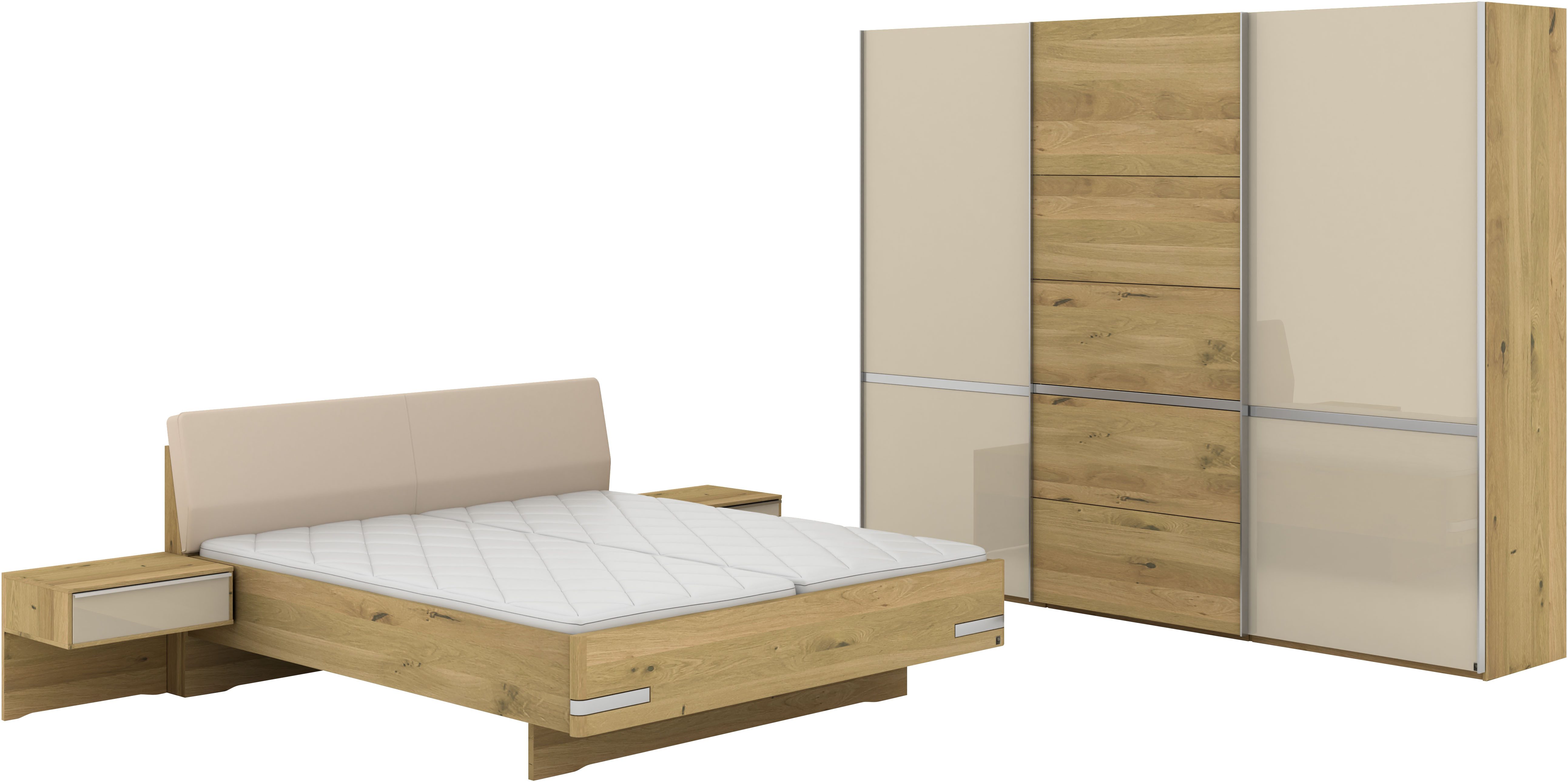 Musterring Schlafzimmer-Set Savona, Kleiderschrank, Bett & Nachtkommoden, teilmassiv Bianco-Eiche, (2er-Set Nachtschränke, Schwebetürenschrank, Bett 180x200 cm), Kopfteil Bett Kunstleder Champagner, Schrank mit Eiche- und Glastüren