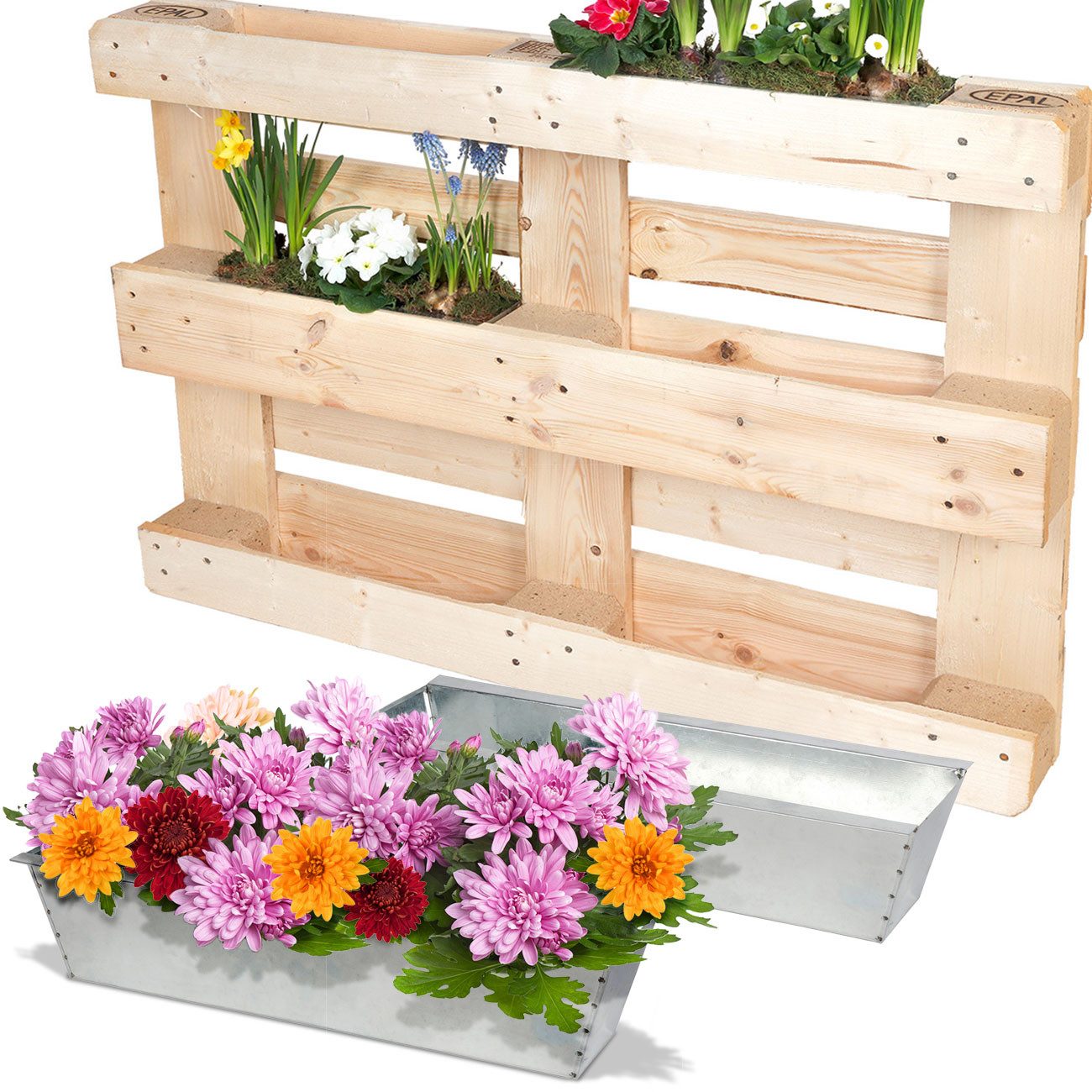 Casativo Blumenkasten Paletten-Pflanzkasten: Verzinktes Metall, 38.5x13.5cm, 3 Ablauflöcher (2 St), Mit 3 Wasserablauflöchern im Boden