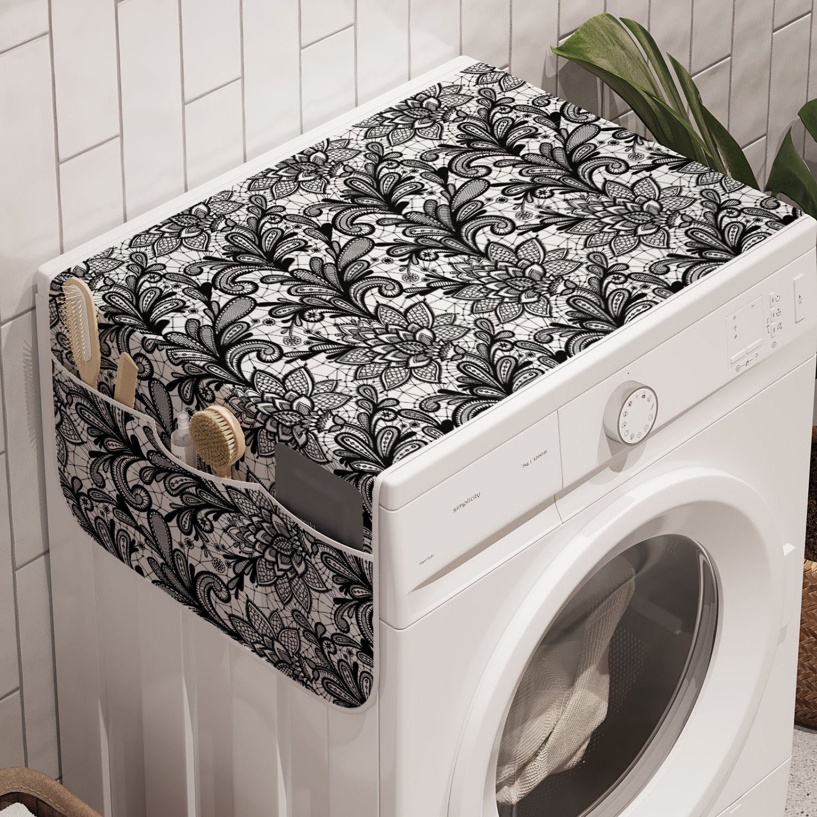 Abakuhaus Badorganizer Anti-Rutsch-Stoffabdeckung für Waschmaschine und Trockner, Schwarz und weiß Victorian Lace