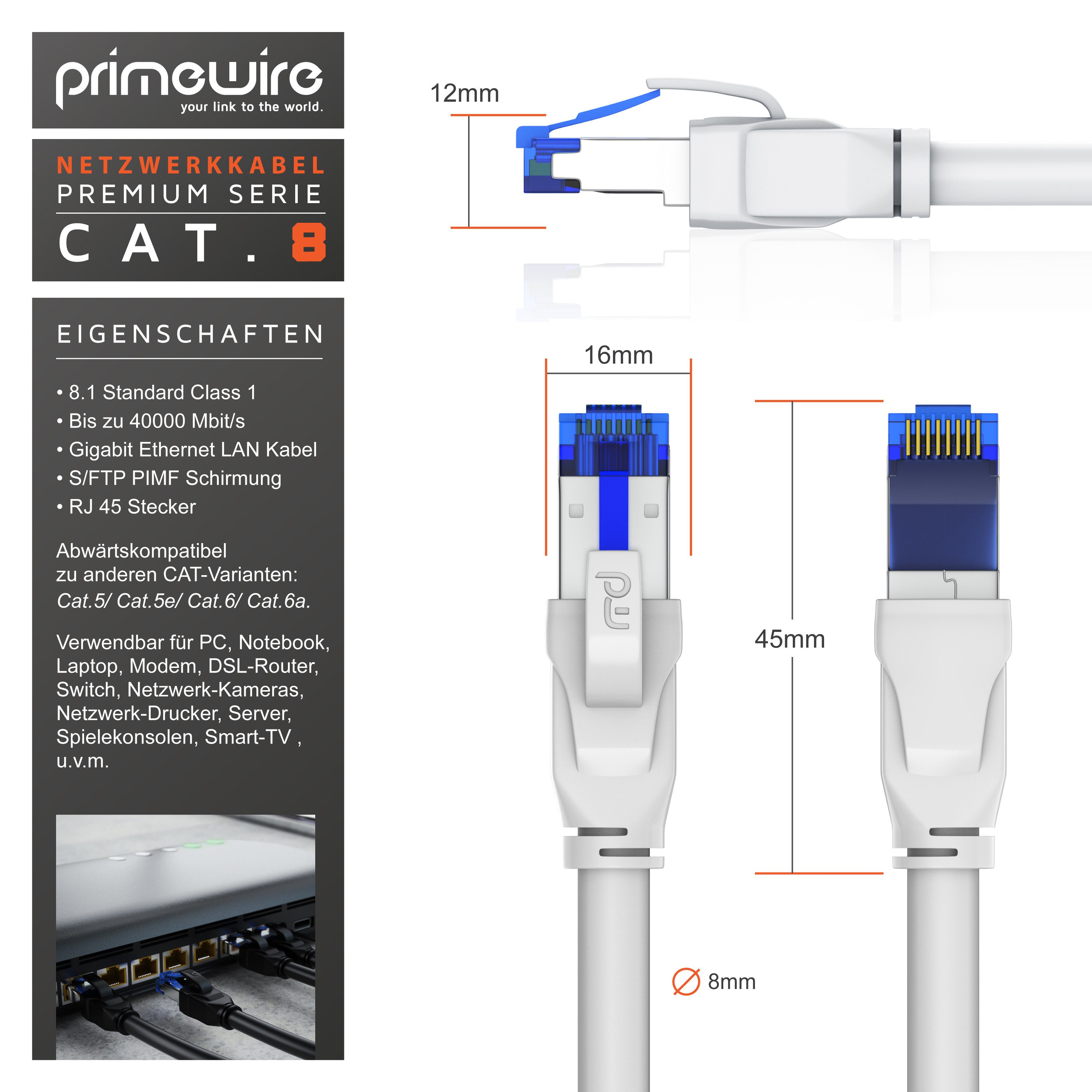 Primewire LAN-Kabel, CAT.8, RJ-45 (Ethernet) (25 cm), Patchkabel CAT 8 Gigabit Ethernet 40 Gbit/s S/FTP Netzwerkkabel, 0,25m