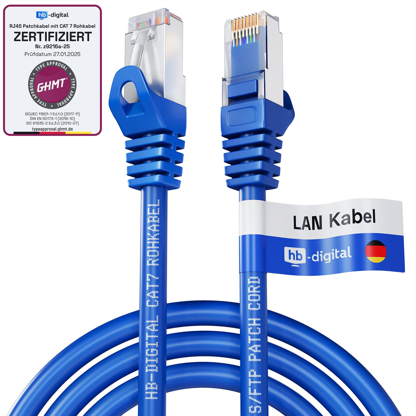 HB-DIGITAL Patchkabel CAT.7 Rohkabel LAN Kabel Cat7 S/FTP PiMF LSZH Netzwerkkabel, Netzwerkstecker, RJ-45 (25 cm), Kontaktoberfläche: Pins Vergoldet 50µ