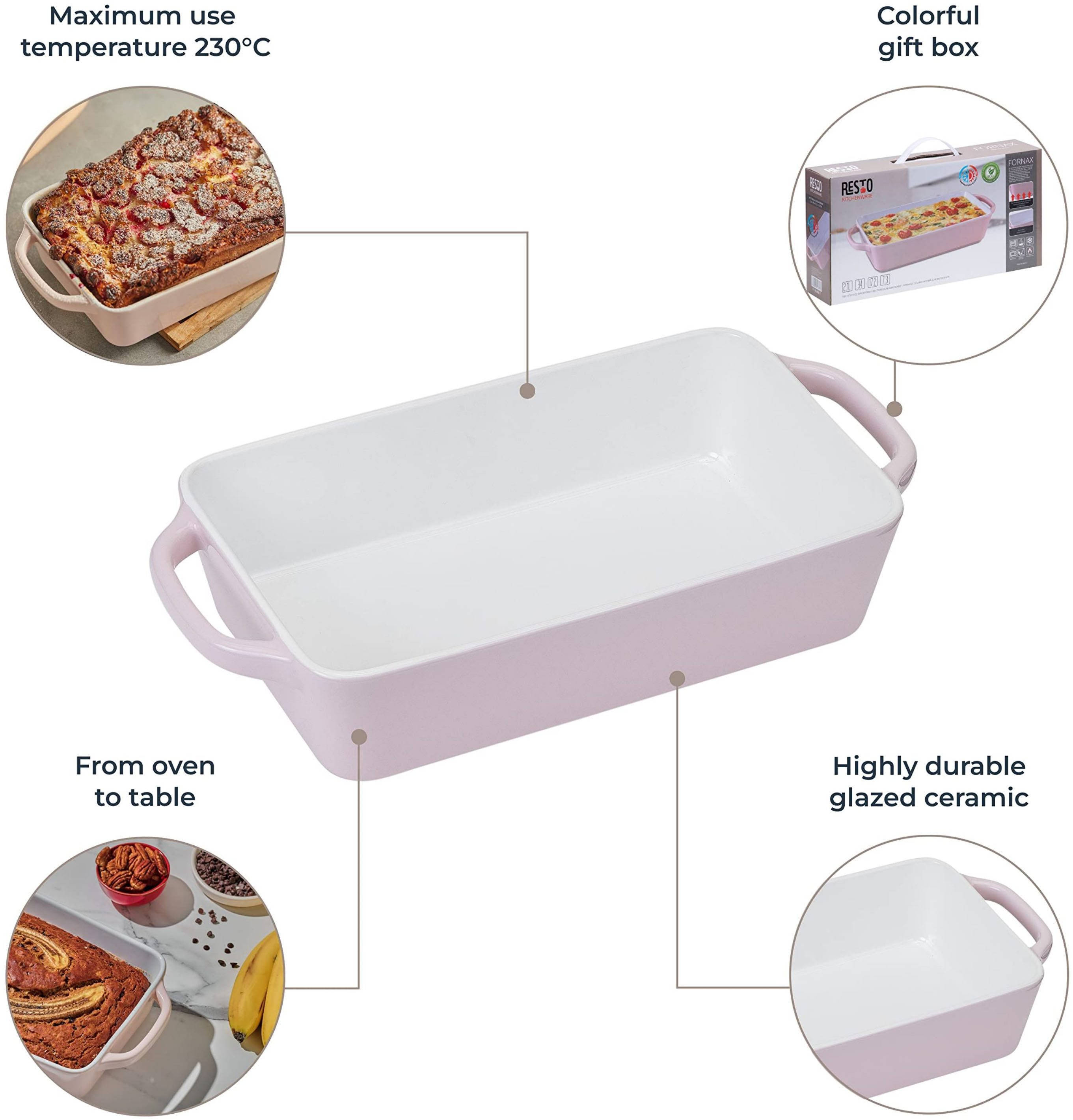 RESTO Kitchenware Auflaufform Fornax Backform Groß Hoher Rand Lasagneform Antihaftbeschichtet, Keramik, (1-St), Rechteckig aus Keramik, rosa, in 2 Größen, für Brot, Lasagne, Brownie