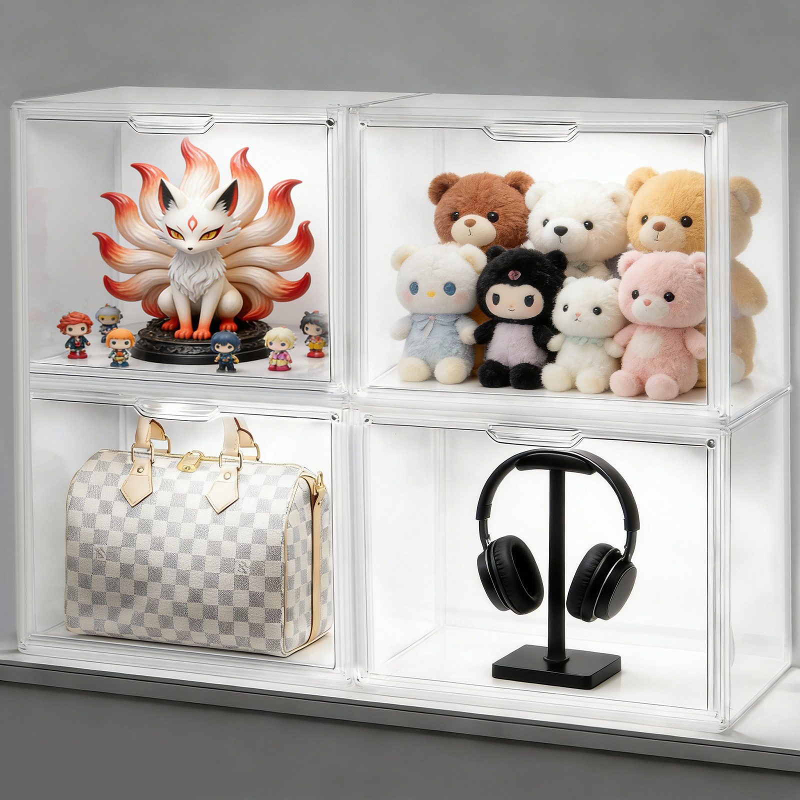 XERSEK Vitrine Acryl Displaybox mit LED, Magnettür, Transparent Organizer 36×22 ×27cm (4 Set] Staubdicht, Stapelfähig, Horizontal oder Vertical Platzierbar) Acryl-Vitrine für Figuren, Handtaschen, Spielzeug, Handwerk, Bücher