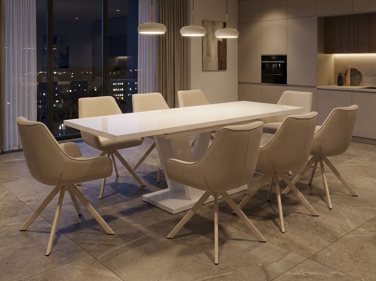 Endo-Moebel Essgruppe "Lara White" ausziehbar 130-210cm mit Stühlen, 6-8 Personen, (Set, 8-tlg), Ausziehbarer Säulentisch 130-210 cm und 360° Drehstühle mit Federkern
