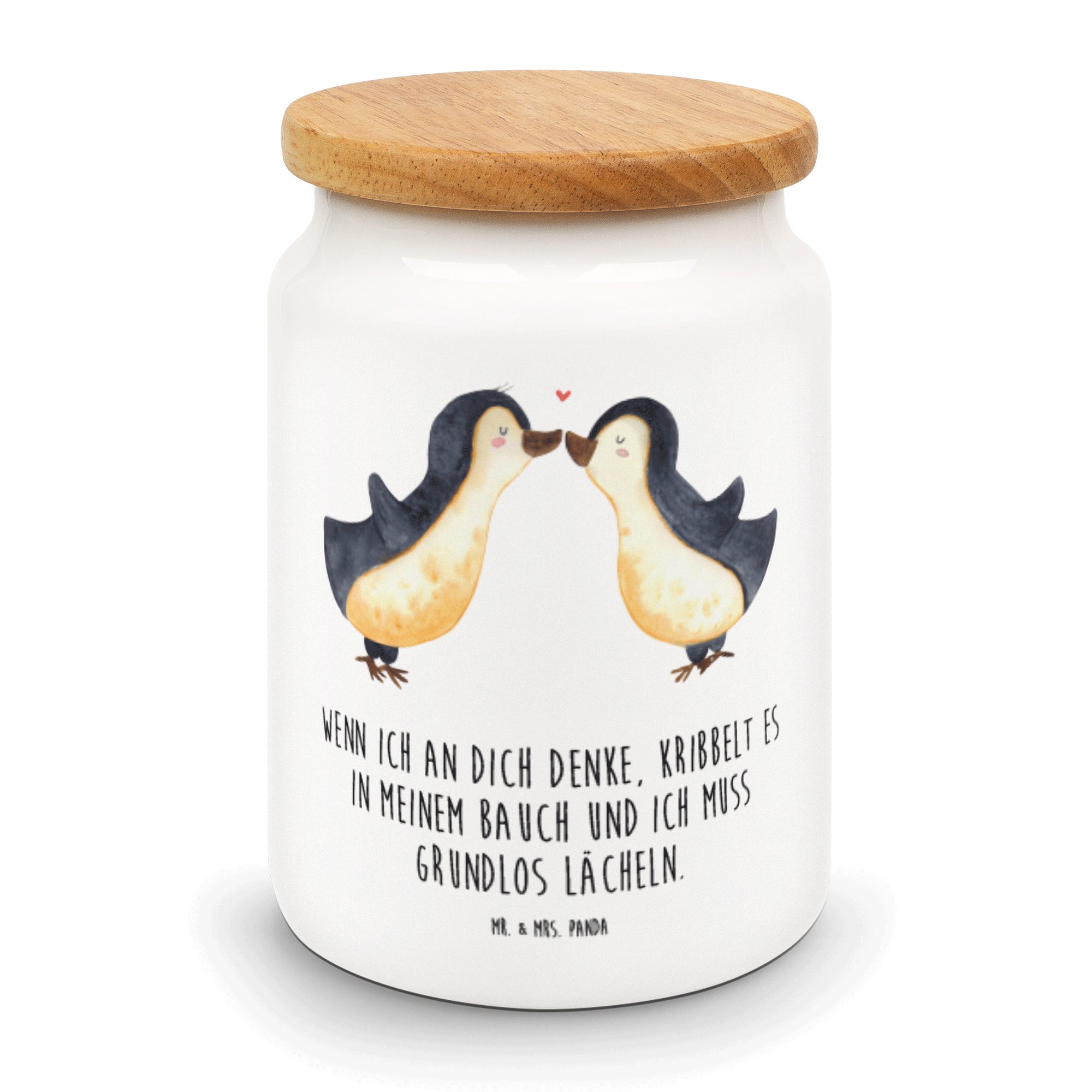 Mr. & Mrs. Panda Vorratsdose Pinguine Kuss - Weiß - Geschenk, Jahrestag, Ehefrau, Vorratsbehälter, Keramik, (1-tlg)